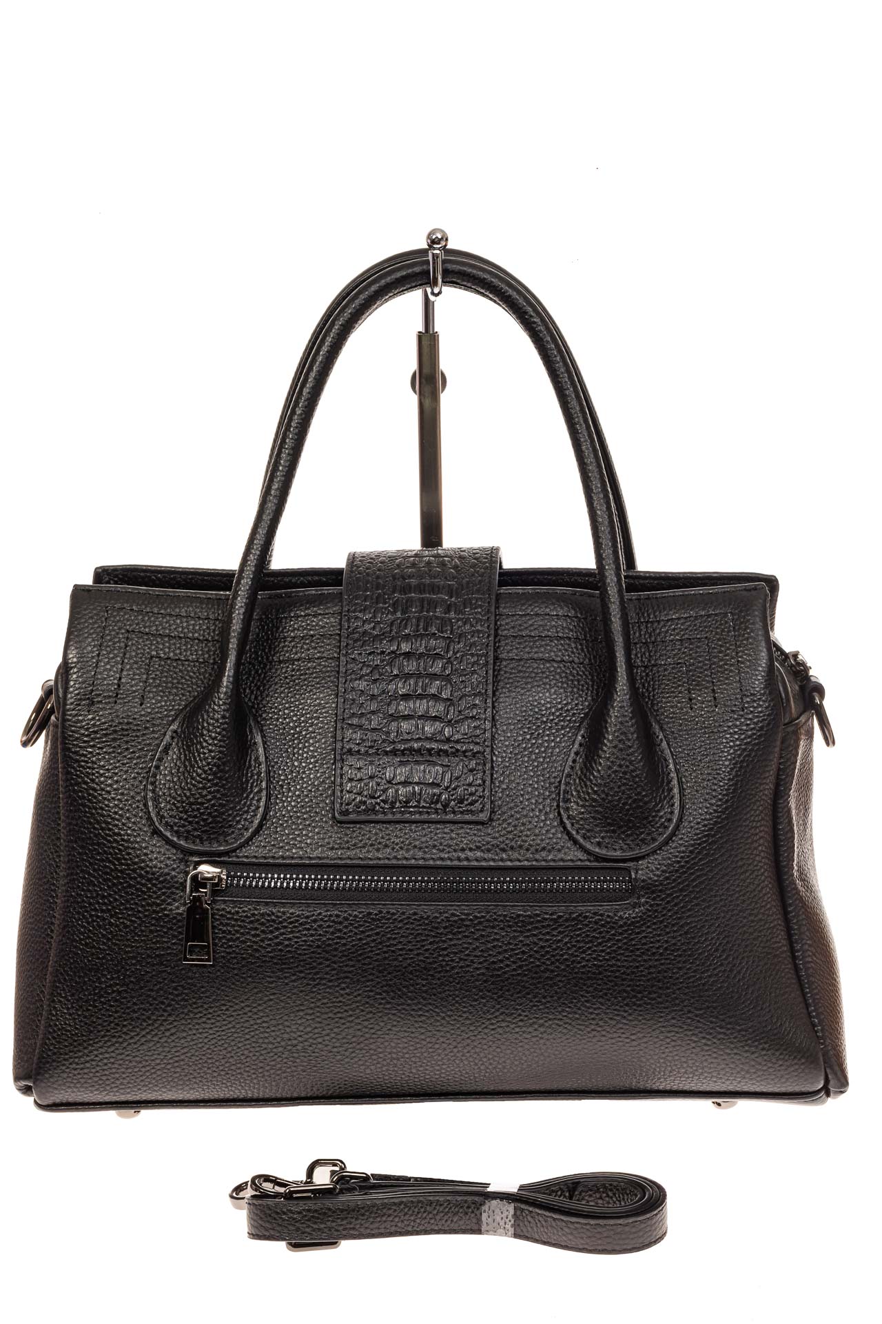 На фото 2 - Женская сумка с гортом из крокодила, цвет черный