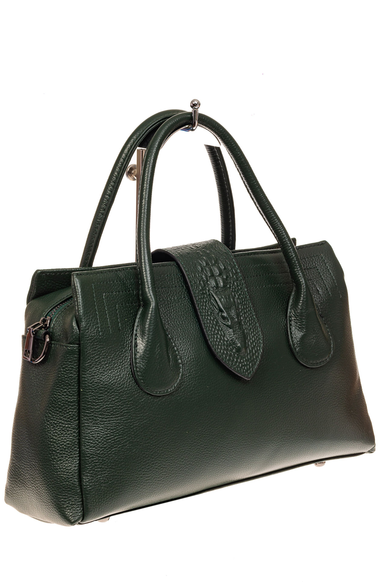 На фото 1 - Женская сумка с гортом из крокодила, цвет зеленый