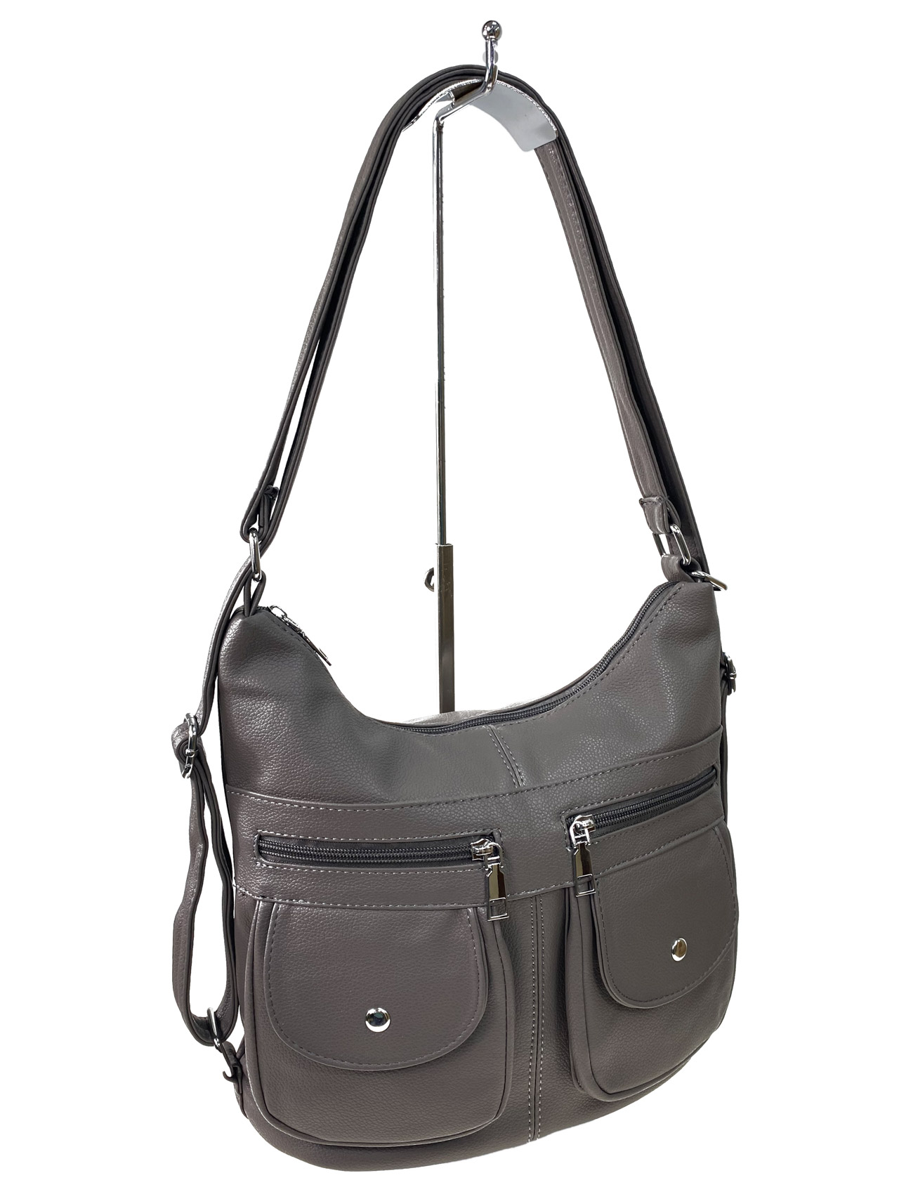 На фото 1 - Женская сумка хобо из искусственной кожи, цвет серый