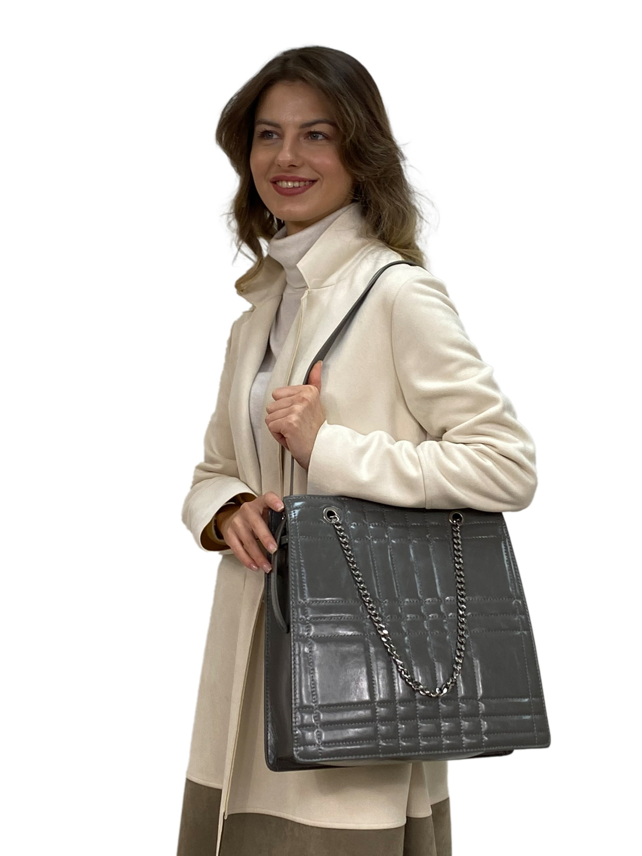 На фото 1 - Каркасная женская сумка из искусственной кожи, цвет серый 