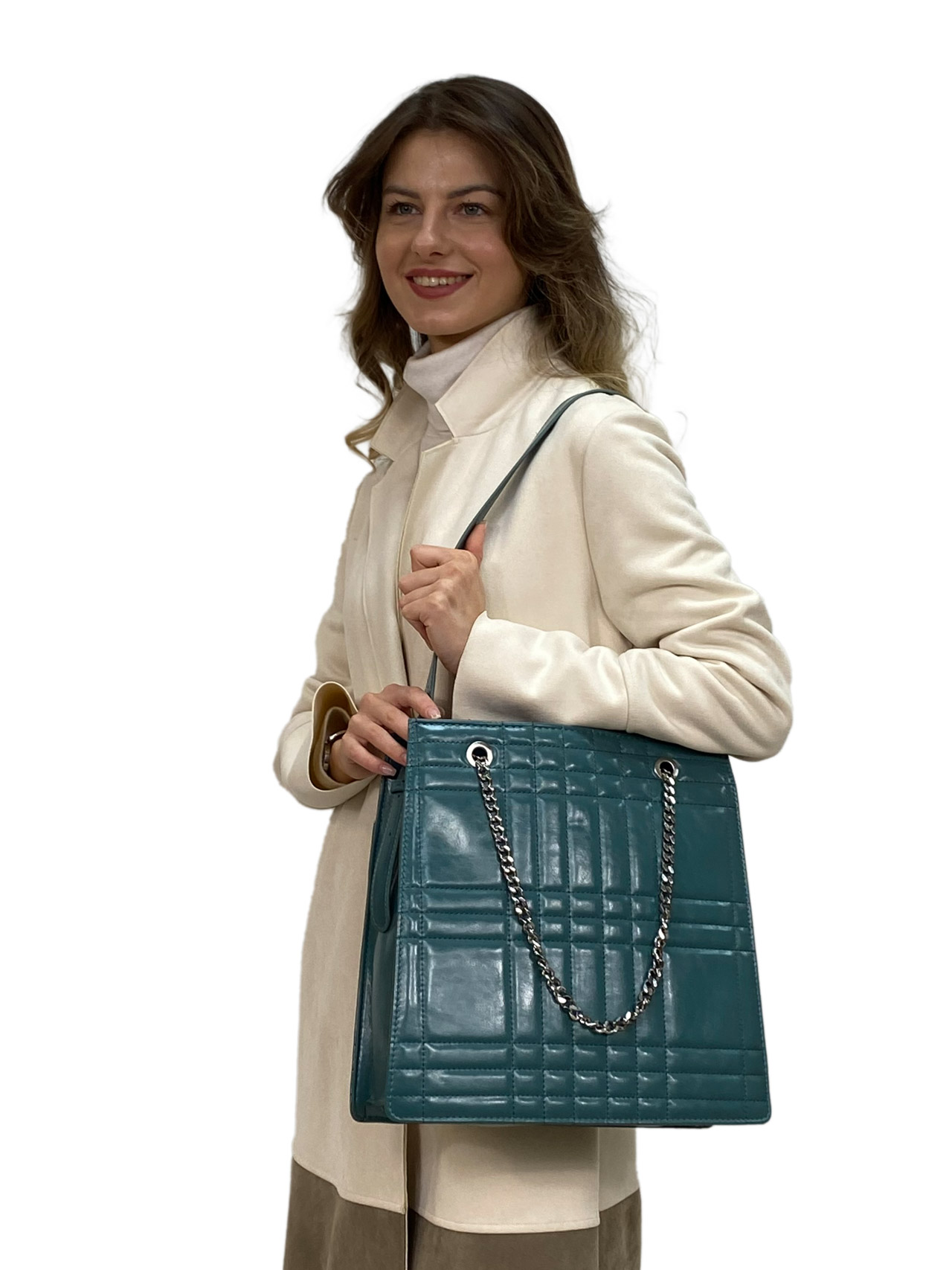 На фото 1 - Каркасная женская сумка из искусственной кожи, цвет бирюзовый
