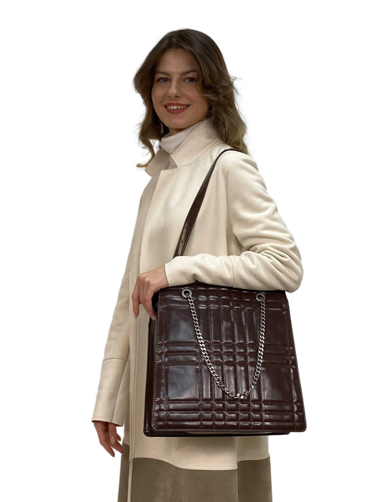 На фото 1 - Каркасная женская сумка из искусственной кожи, цвет шоколад
