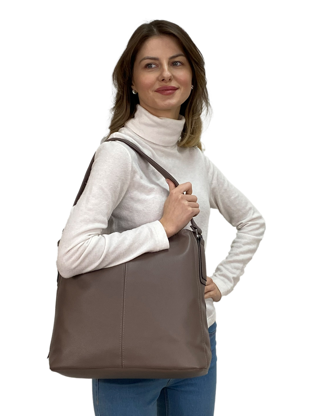 На фото 1 - Женская сумка из искусственной кожи, цвет бежево-коричневый