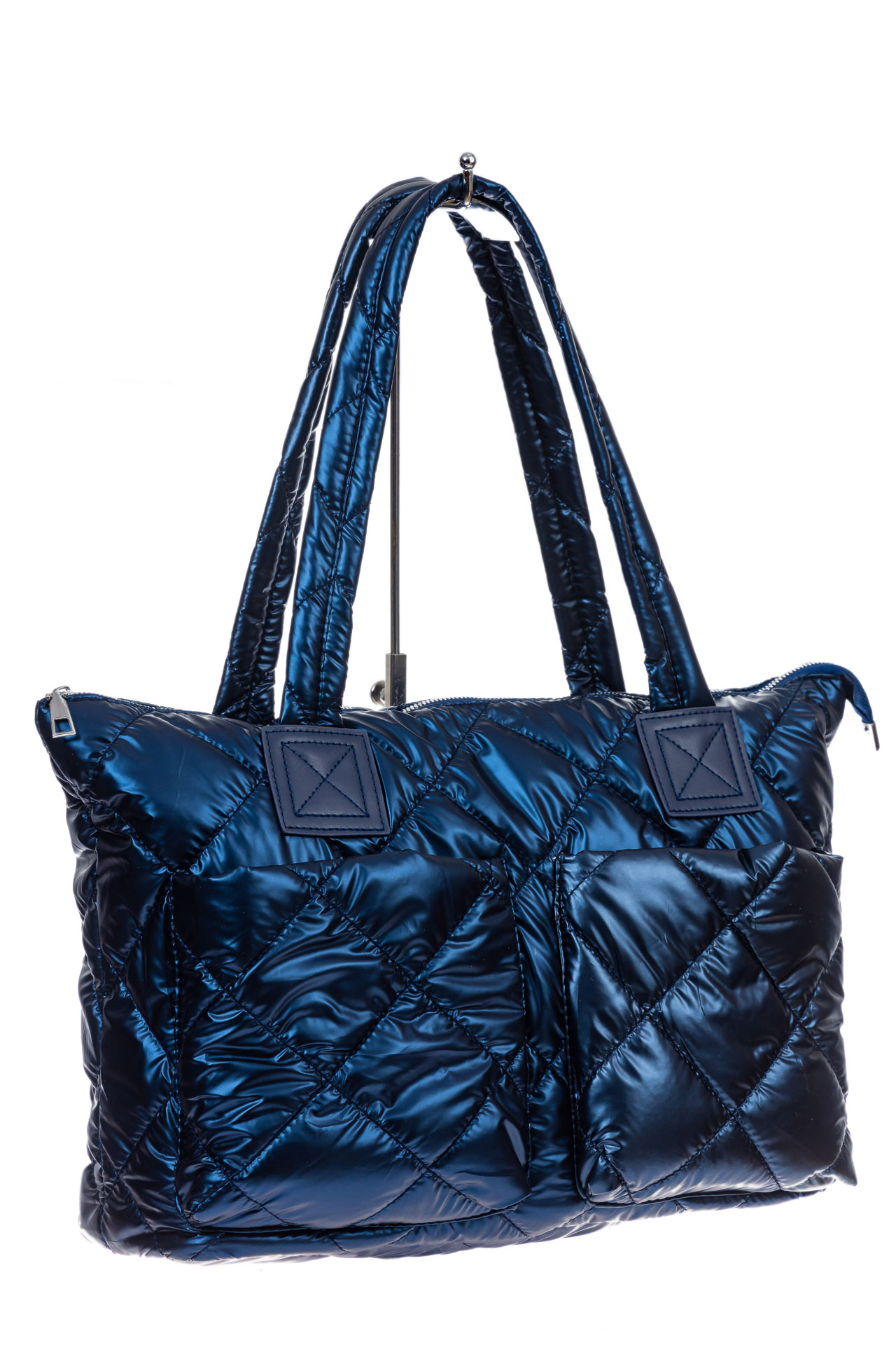 На фото 3 - Женская сумка-шоппер из водооталкивающей ткани, цвет синий металлик