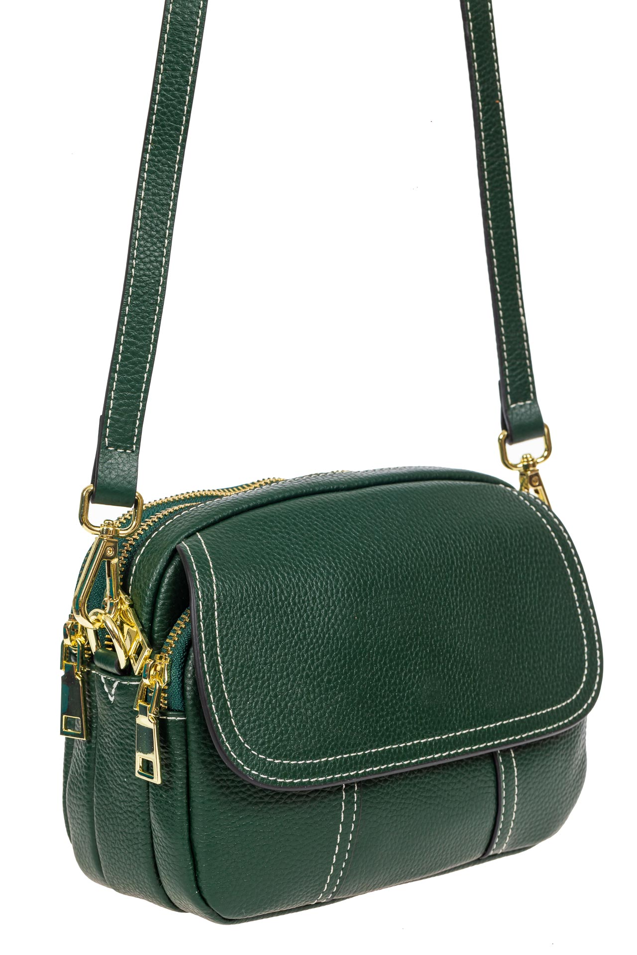 На фото 1 - Женская сумка cross-body из фактурной натуральной кожи, цвет зелёный