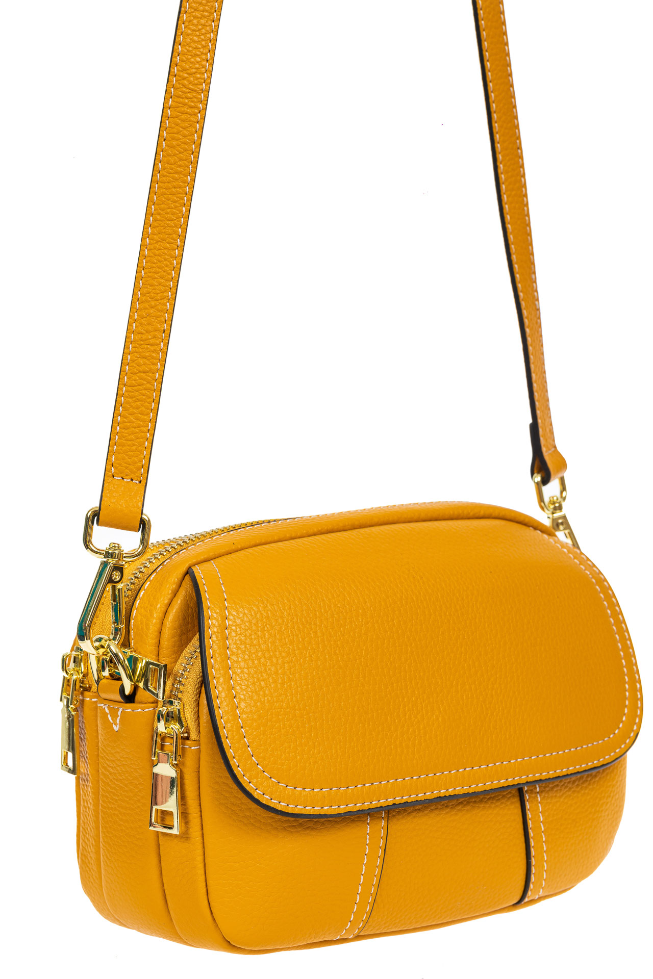 На фото 1 - Женская сумка cross-body из фактурной натуральной кожи, цвет жёлтый