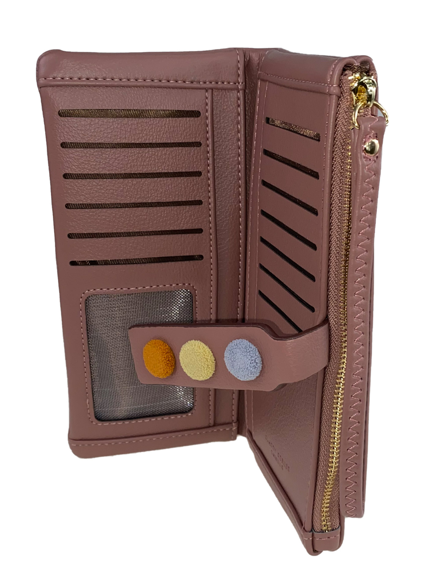 На фото 2 - Кошелёк- клатч из искусственной кожи с разноцветными кнопками, цвет пудра