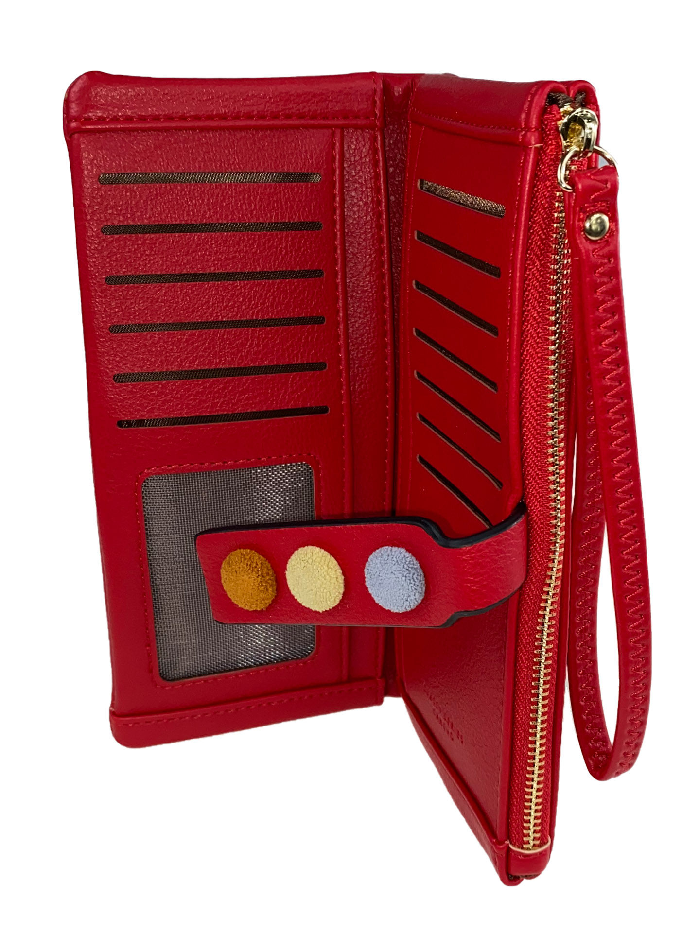 На фото 2 - Кошелёк-клатч из искусственной кожи с разноцветными кнопками, цвет красный