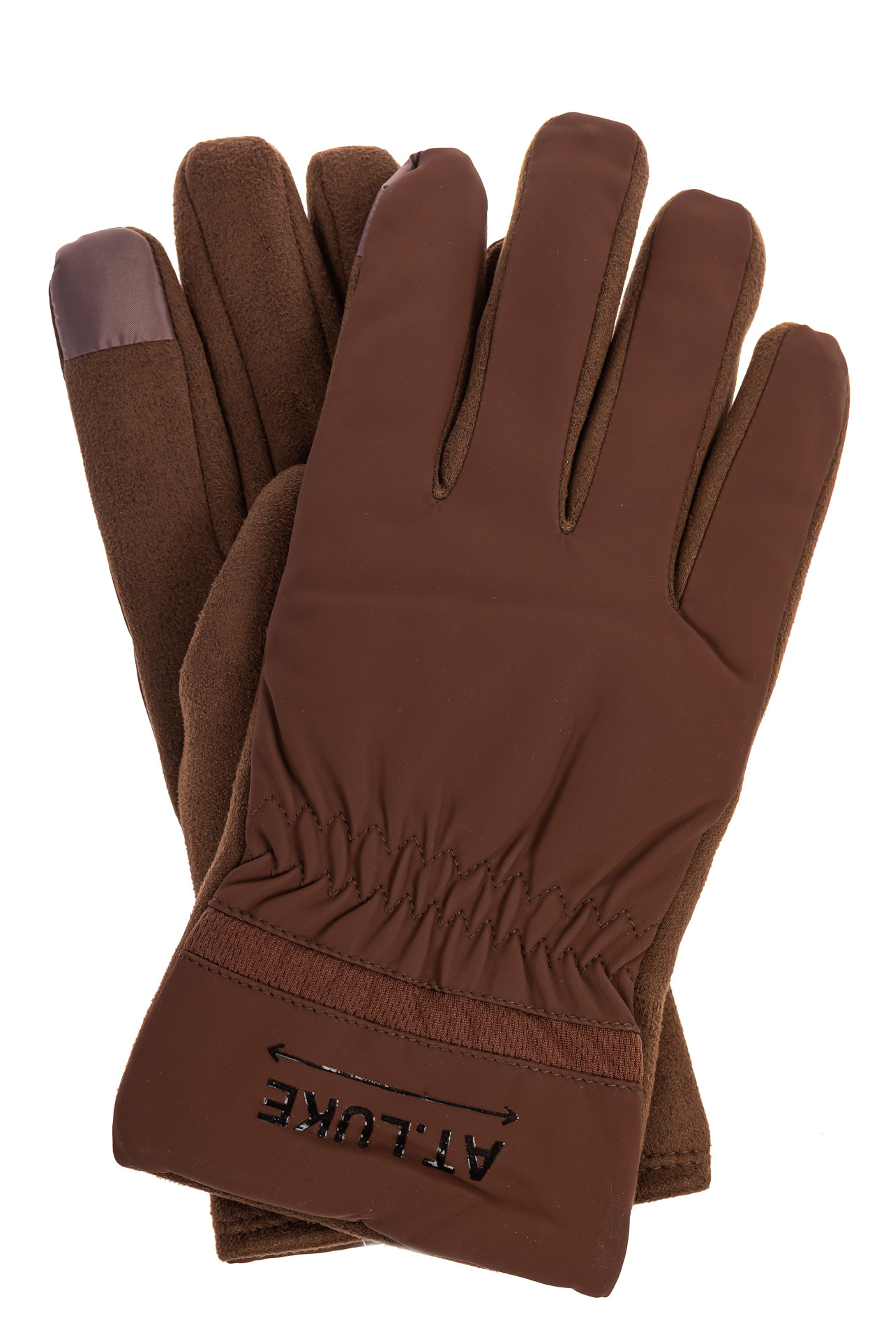 На фото 1 - Утепленные мужские перчатки с надписью, цвет коричневый