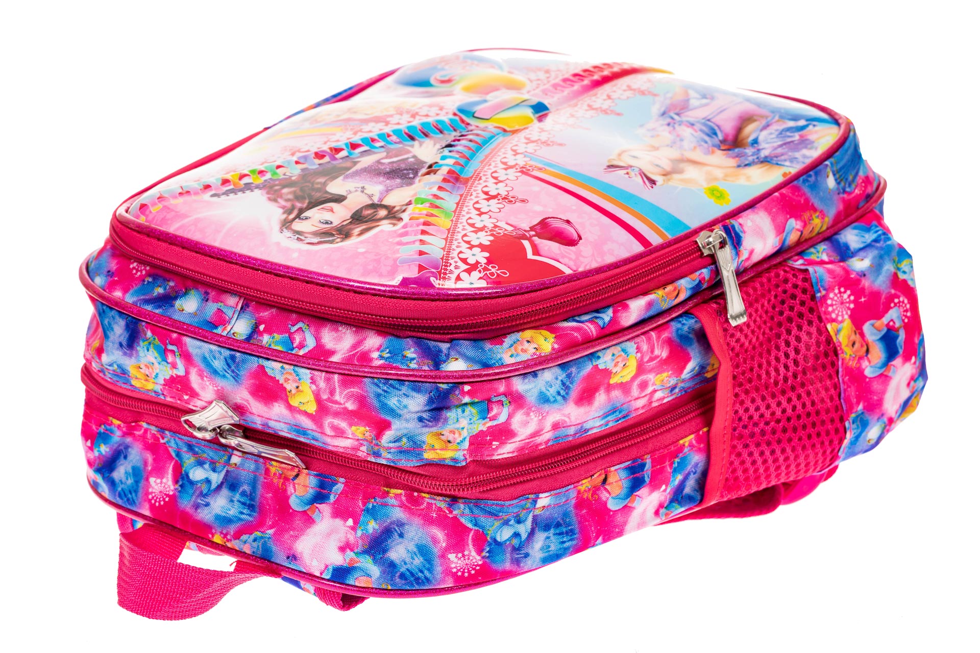 На фото 3 - Детский рюкзак из текстиля с ярким принтом, цвет малиновый
