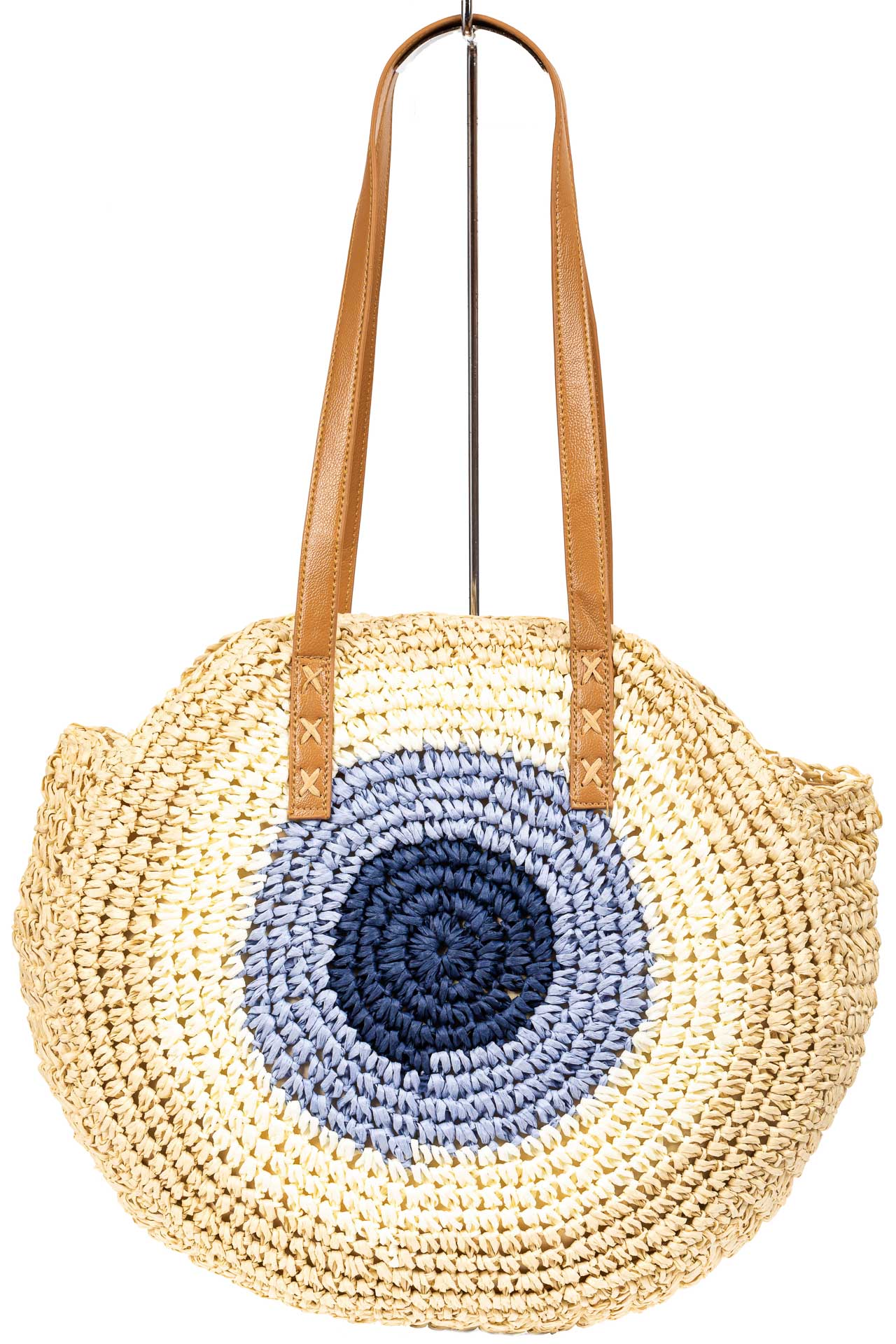 На фото 3 - Большая круглая плетеная сумка из джута, цвет бежевый