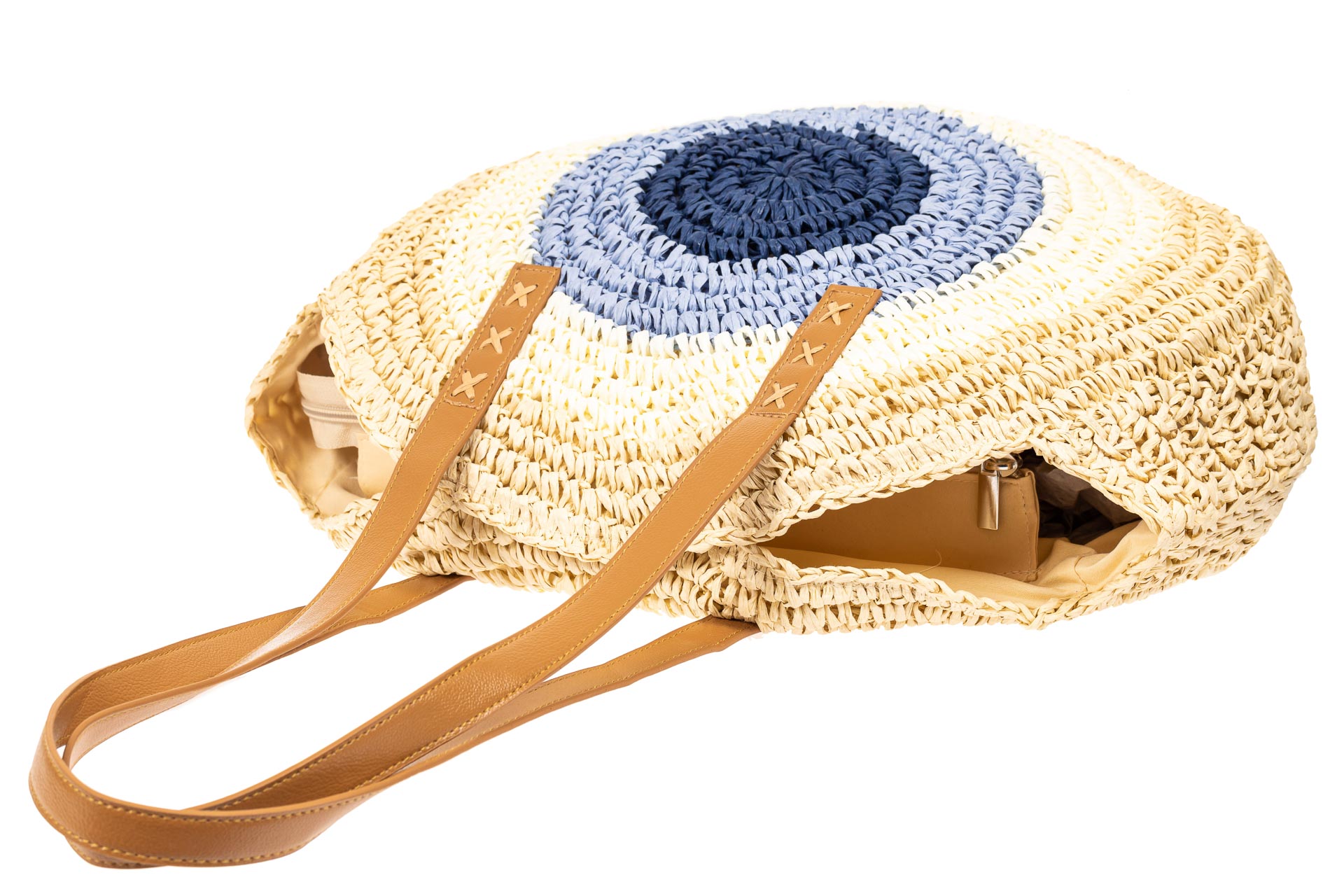 На фото 4 - Большая круглая плетеная сумка из джута, цвет бежевый