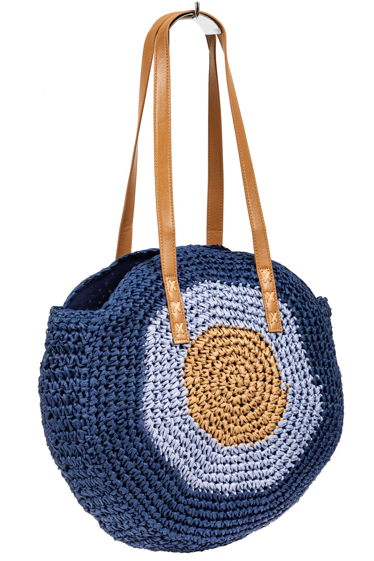На фото 1 - Большая круглая плетеная сумка из джута, цвет синий