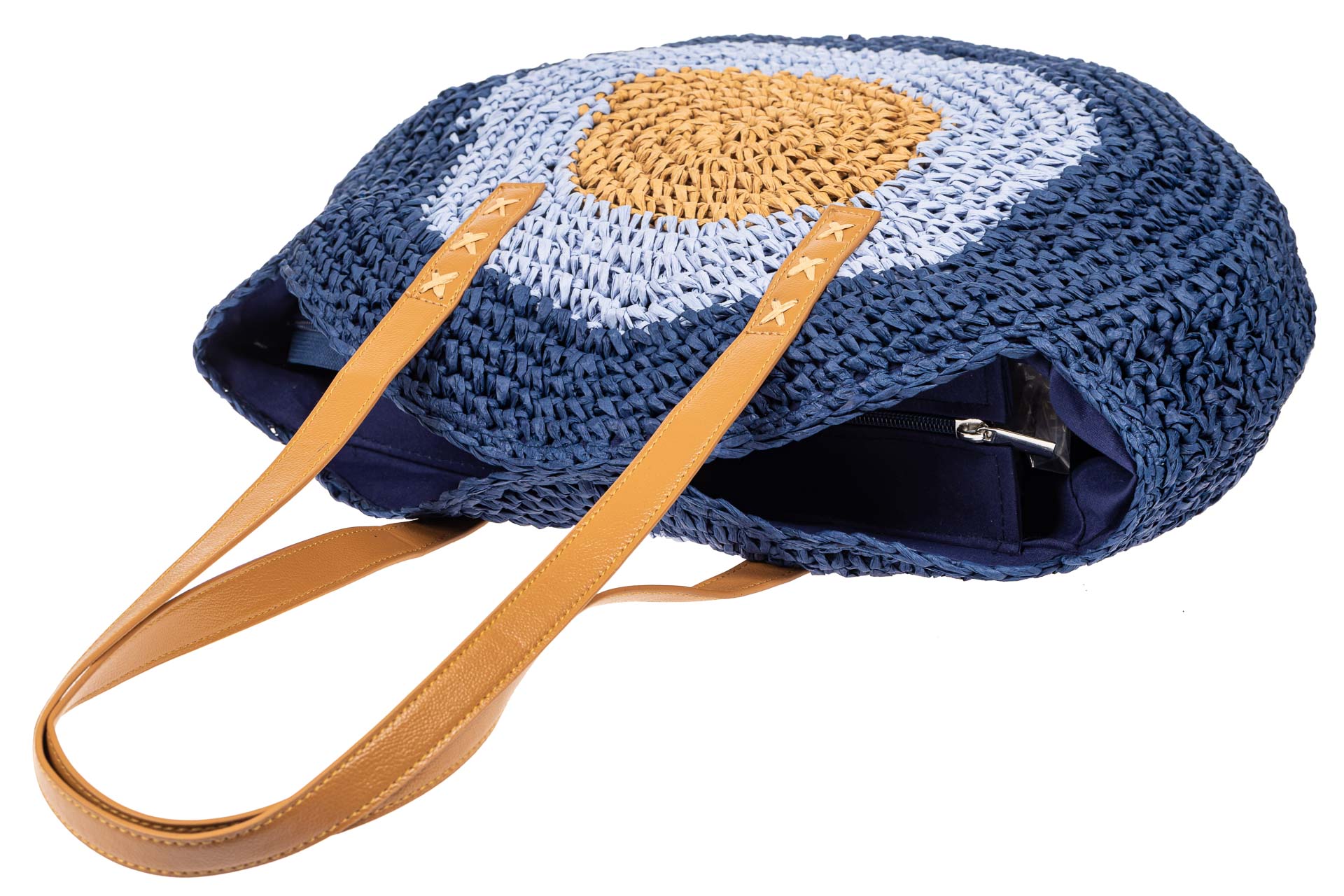 На фото 4 - Большая круглая плетеная сумка из джута, цвет синий