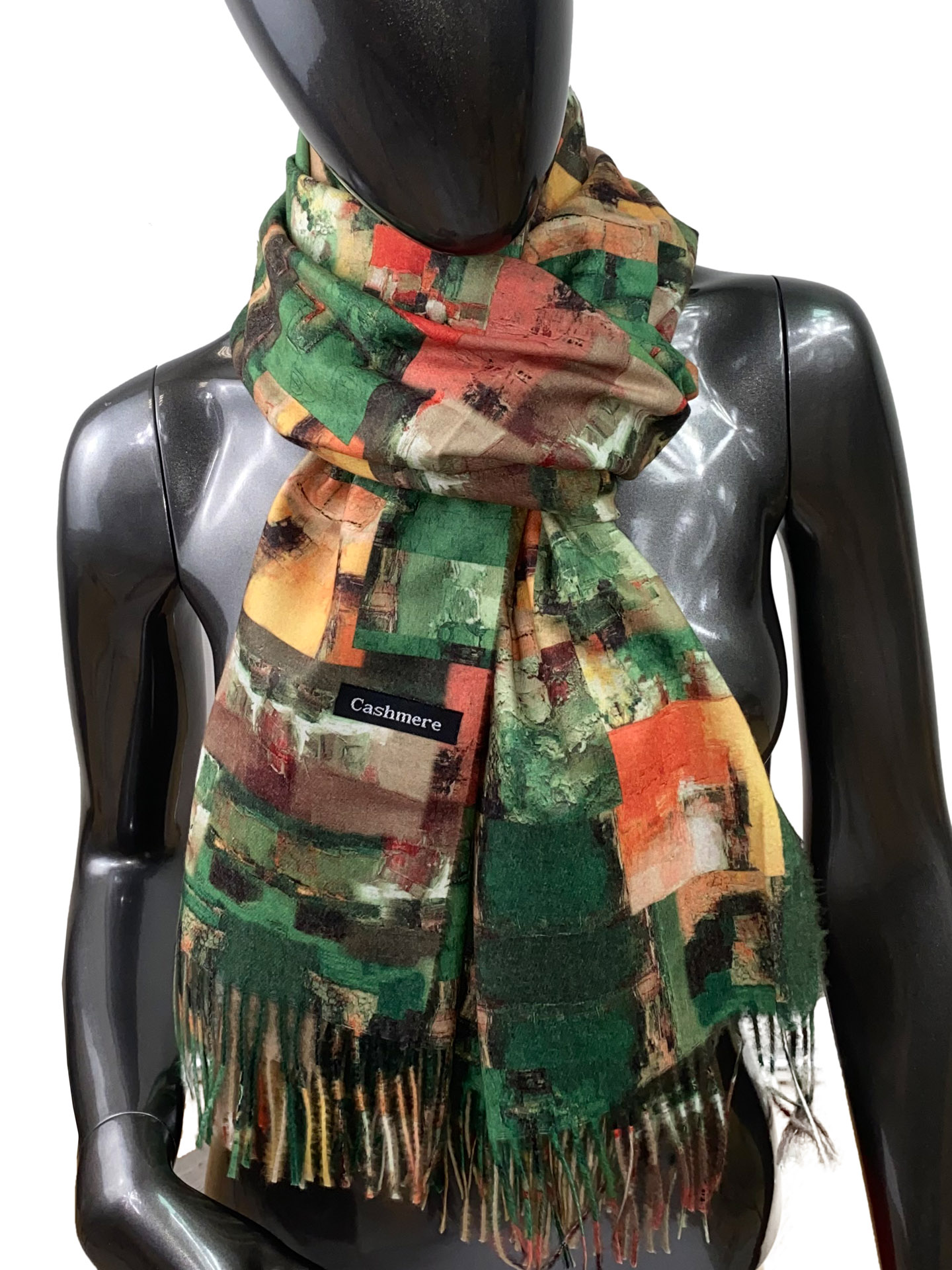 На фото 1 - Пёстрый шарф-палантин из кашемира и шерсти с абстрактной живописью