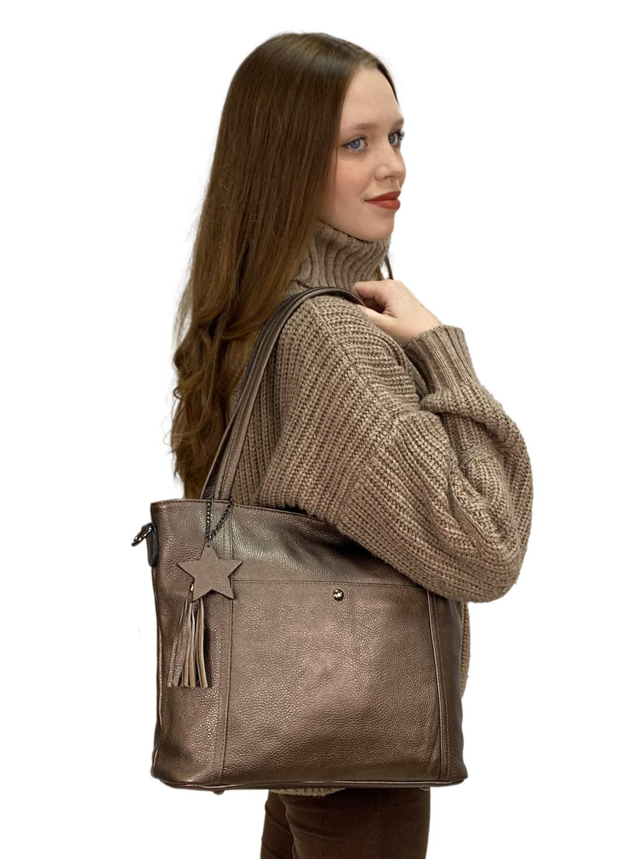 На фото 2 - Женская сумка из натуральной кожи, цвет бронза