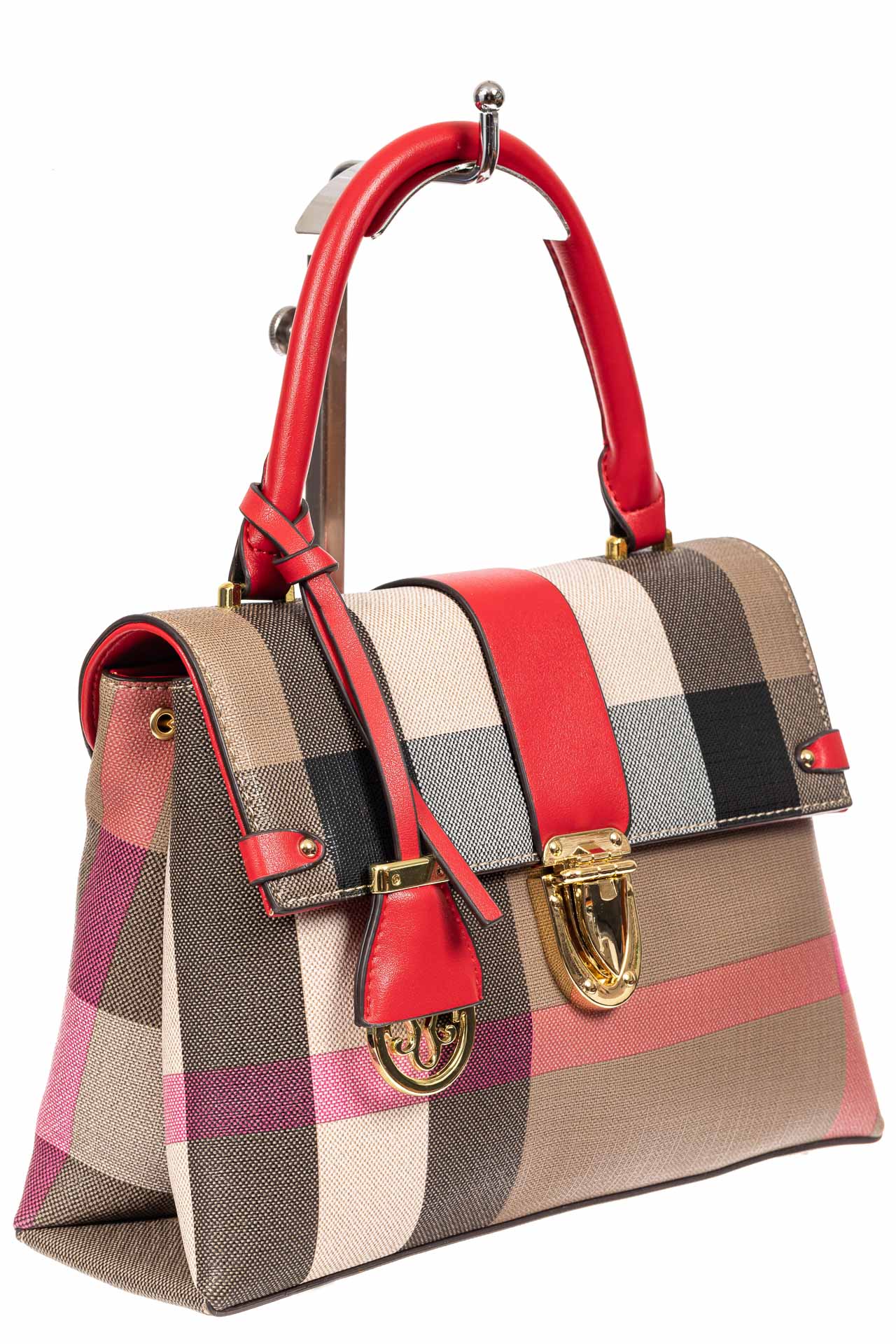 На фото 1 - Полосатая сумка-портфель из эко-кожи, мультицвет с красным