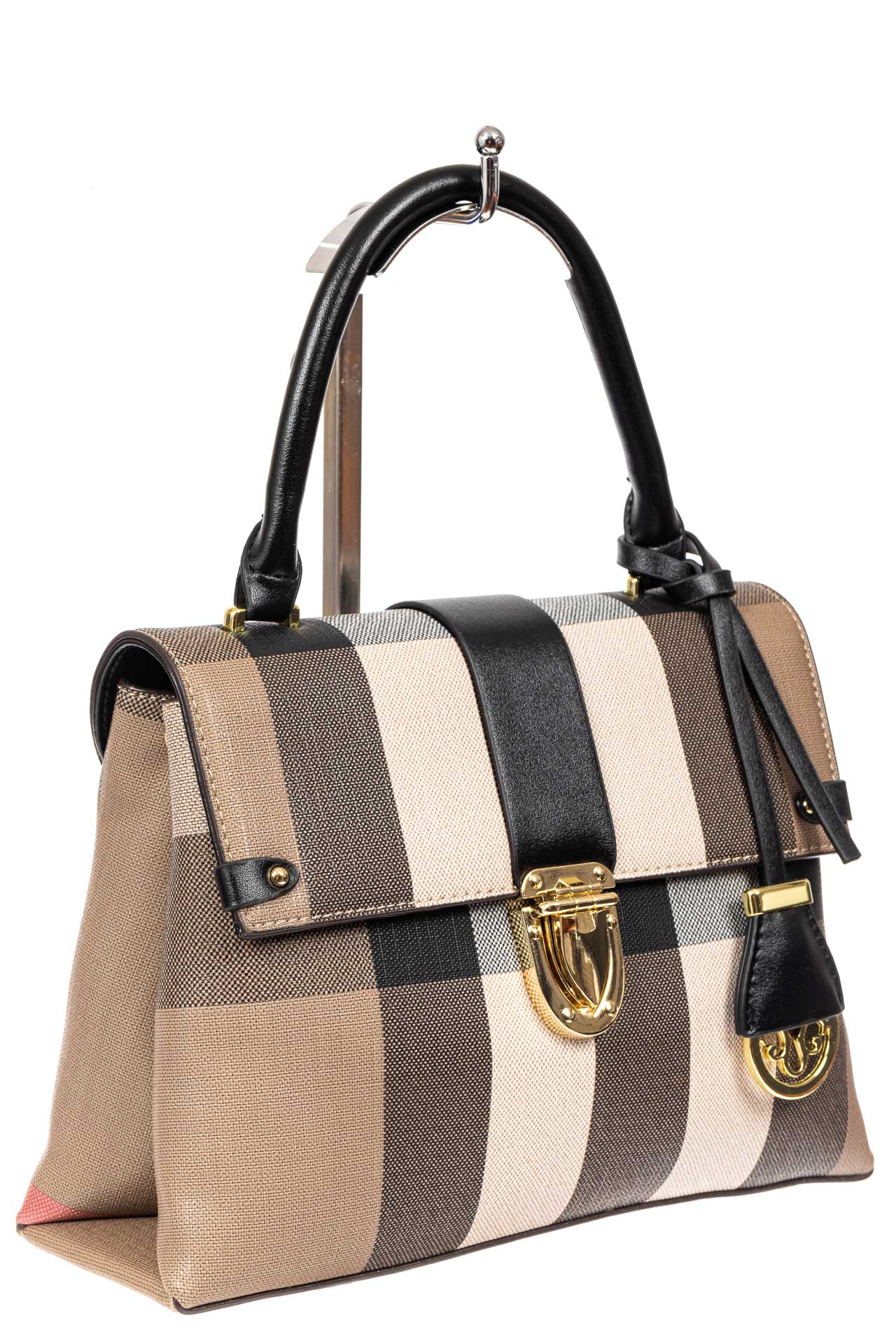 На фото 1 - Полосатая сумка-портфель из эко-кожи, мультицвет с черным