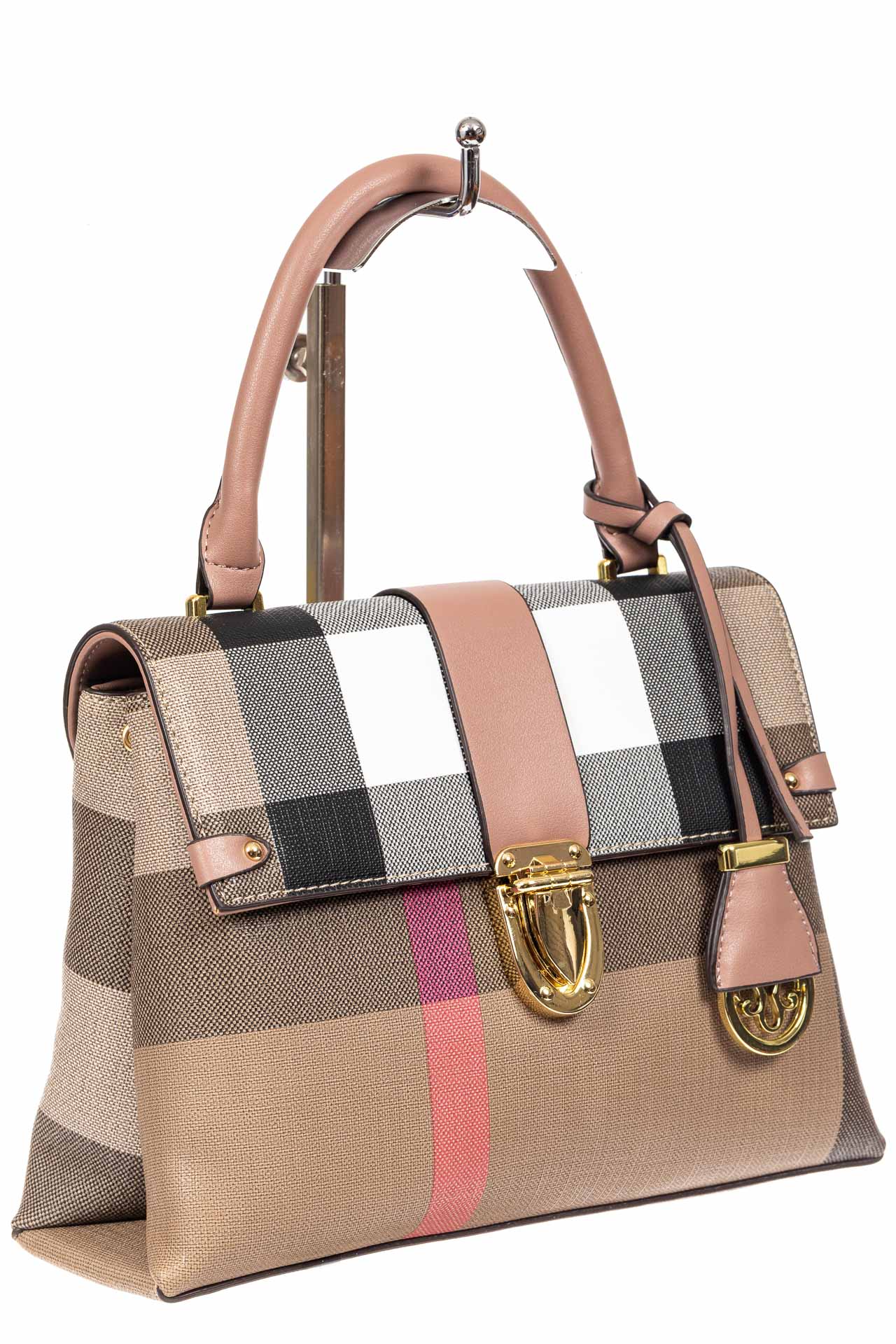 На фото 1 - Полосатая сумка-портфель из эко-кожи, мультицвет с розовым