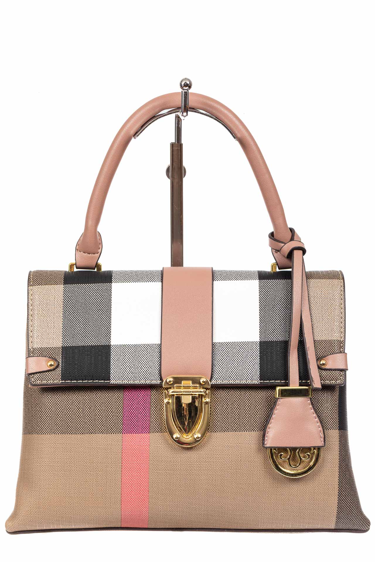 На фото 2 - Полосатая сумка-портфель из эко-кожи, мультицвет с розовым