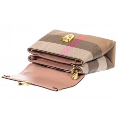 На фото 4 - Полосатая сумка-портфель из эко-кожи, мультицвет с розовым