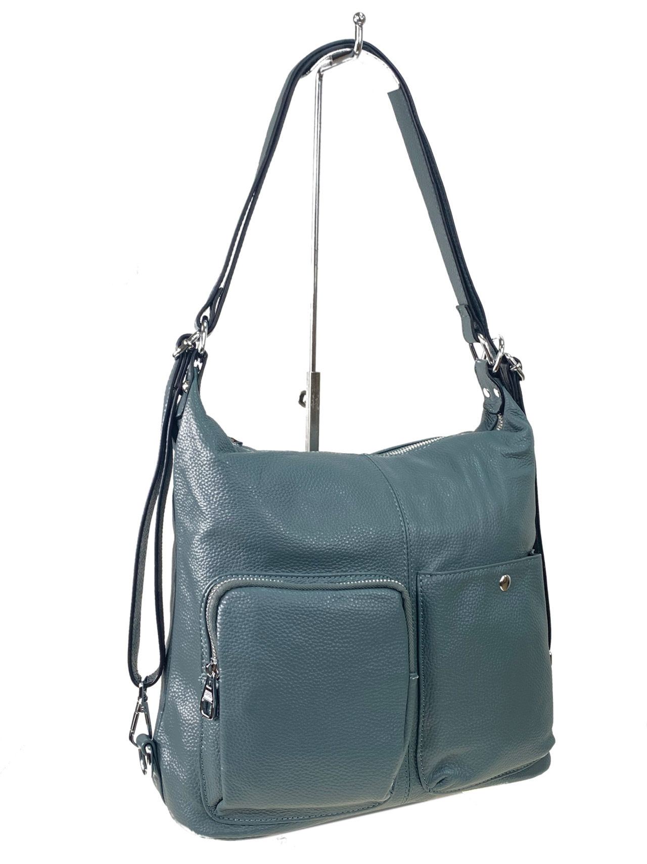 На фото 1 - Женская сумка из натуральной кожи, цвет  серо-голубой