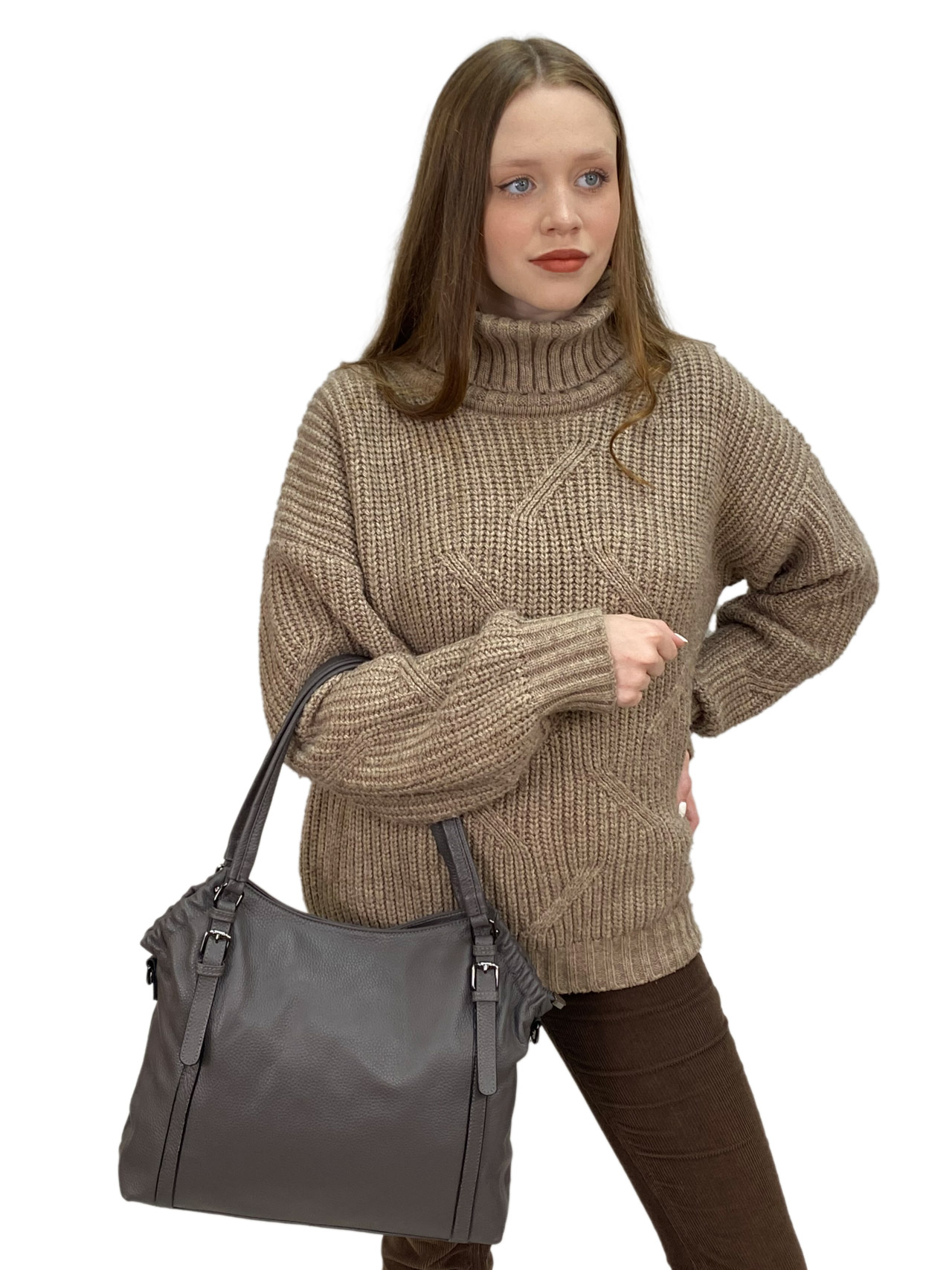 На фото 1 - Женская сумка  из натуральной кожи, цвет серый