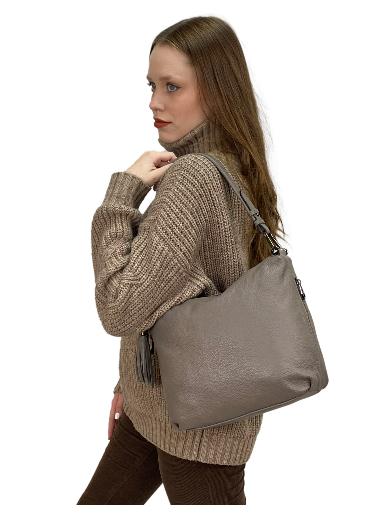 На фото 2 - Женская сумка из натуральной кожи, цвет бежево-серый