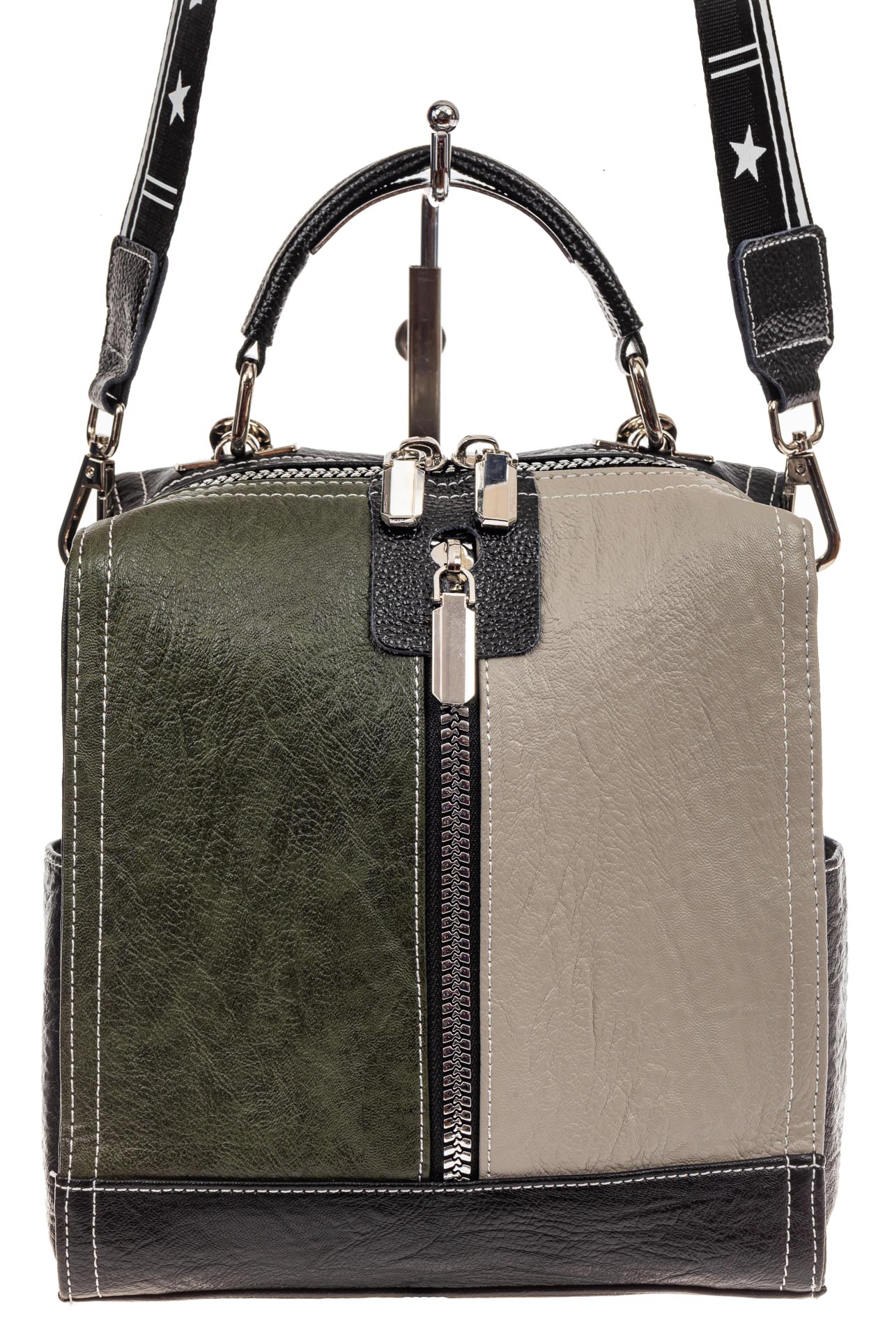 На фото 2 - Женская сумка-рюкзак из искусственной кожи, цвет комбинированный (черный, зеленый, серый)