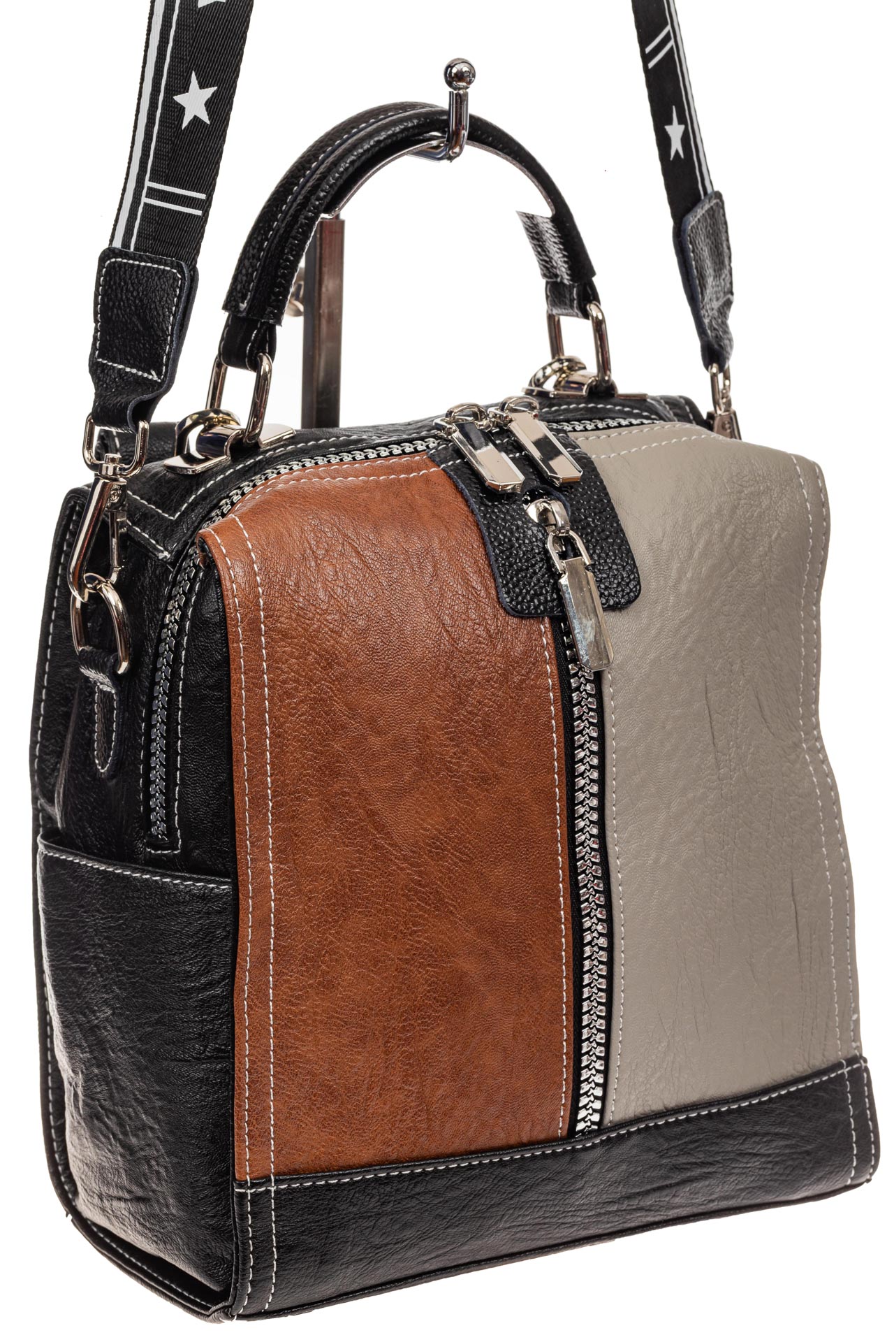На фото 1 - Женская сумка-рюкзак из искусственной кожи, цвет комбинированный (черный, коричневый, серый)
