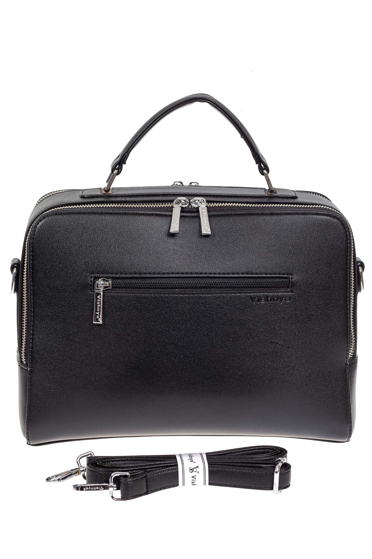 На фото 3 - Женская каркасная сумка из гладкой экокожи, чёрный цвет