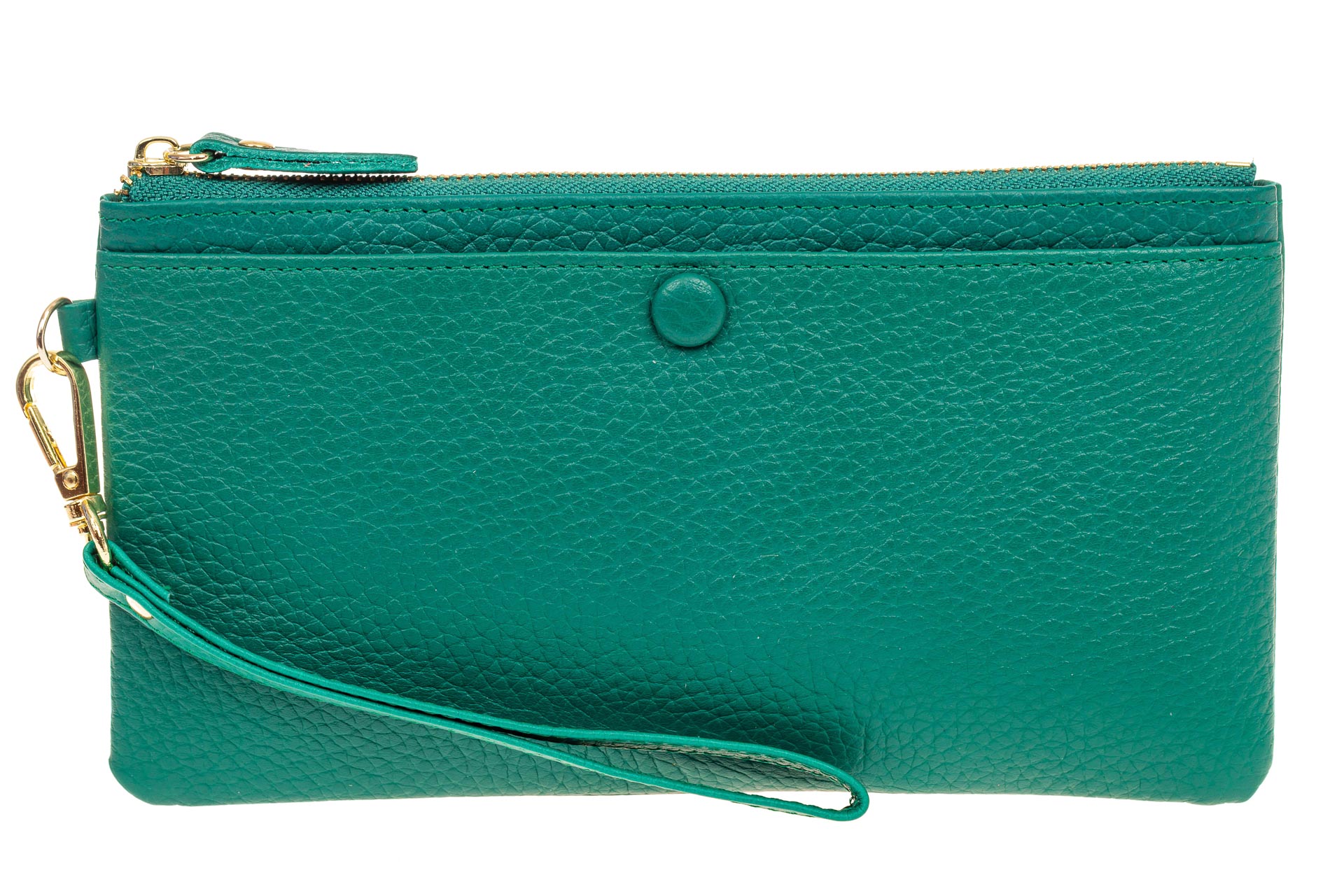 На фото 1 - Женский кошелек-клатч из натуральной кожи, цвет зеленый