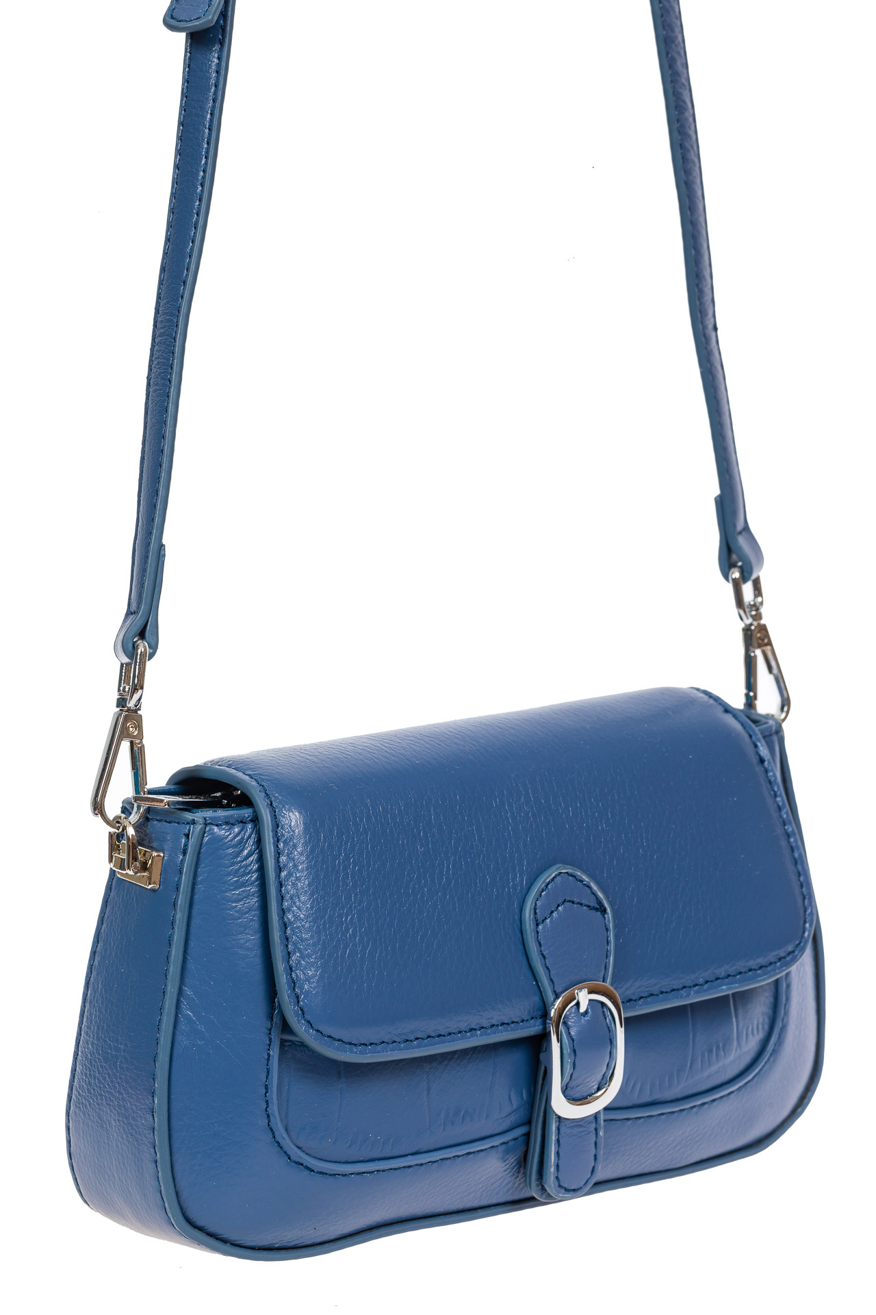 На фото 1 - Кожаная сумочка кросс-боди со вставкой из крокодиловой кожи, синяя
