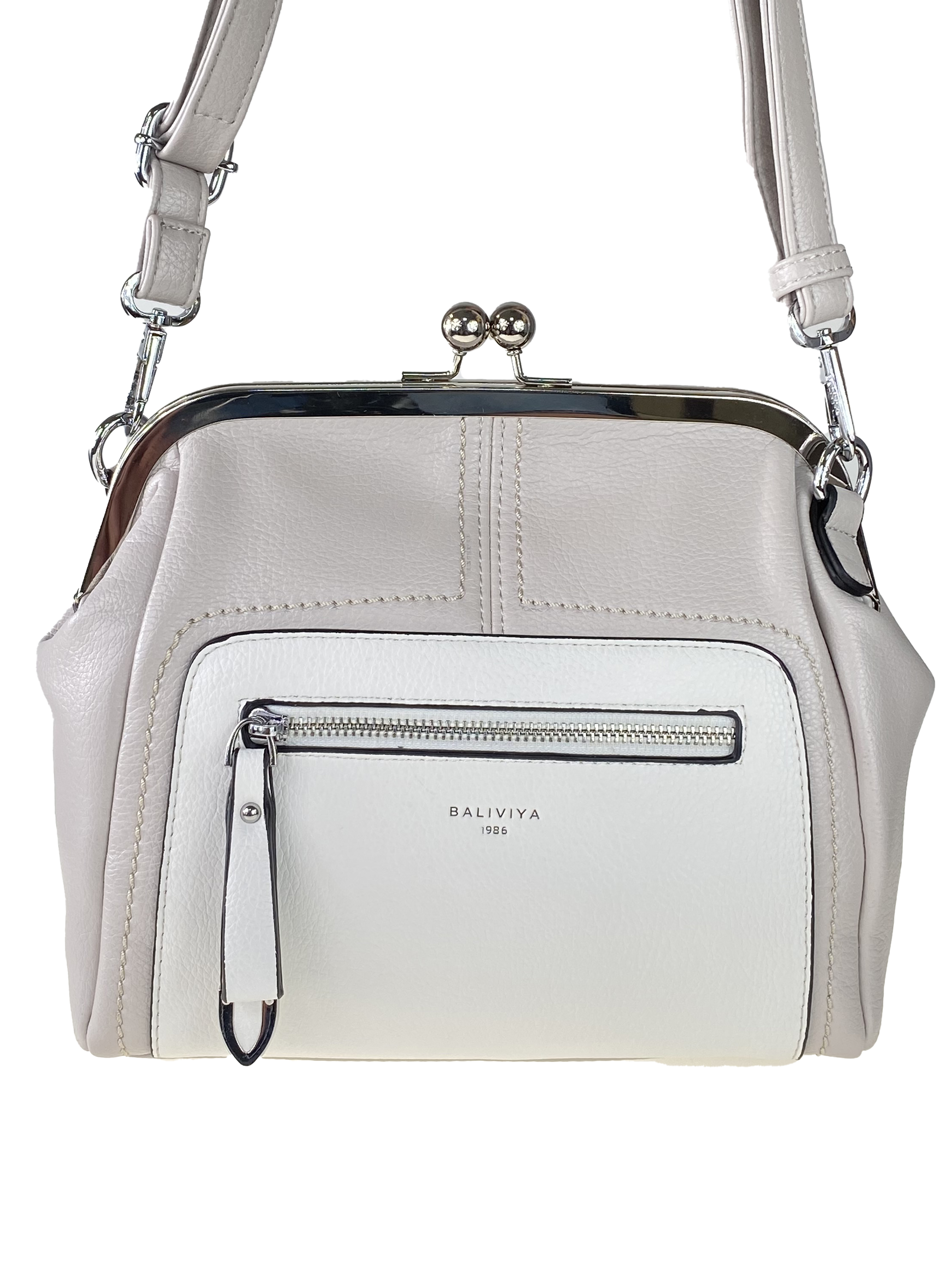 На фото 2 - Женская сумка из искусственной кожи с фермуаром, цвет светло-серый с белым