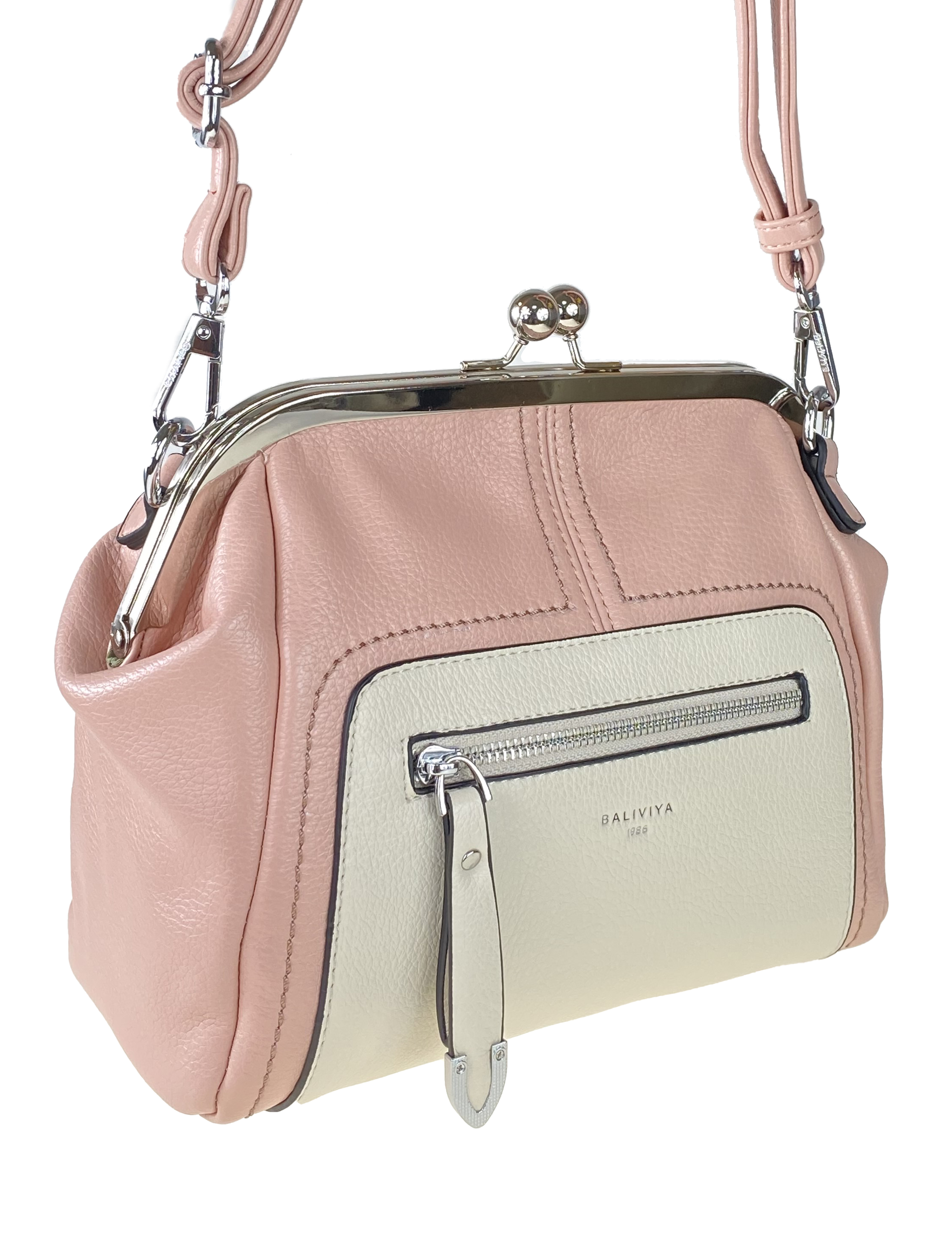 На фото 1 - Женская сумка из искусственной кожи с фермуаром, цвет розовый с белым