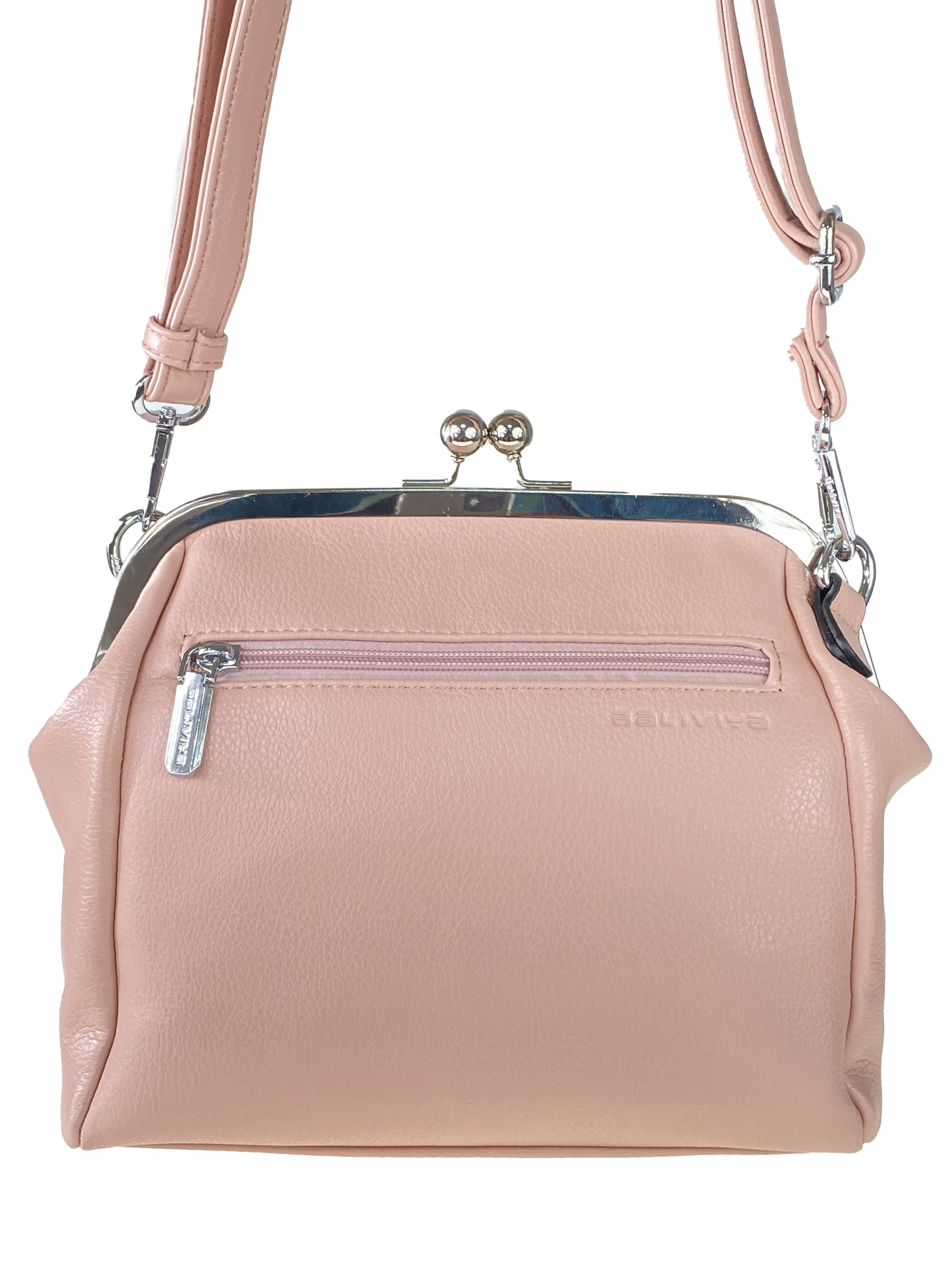 На фото 3 - Женская сумка из искусственной кожи с фермуаром, цвет розовый с белым