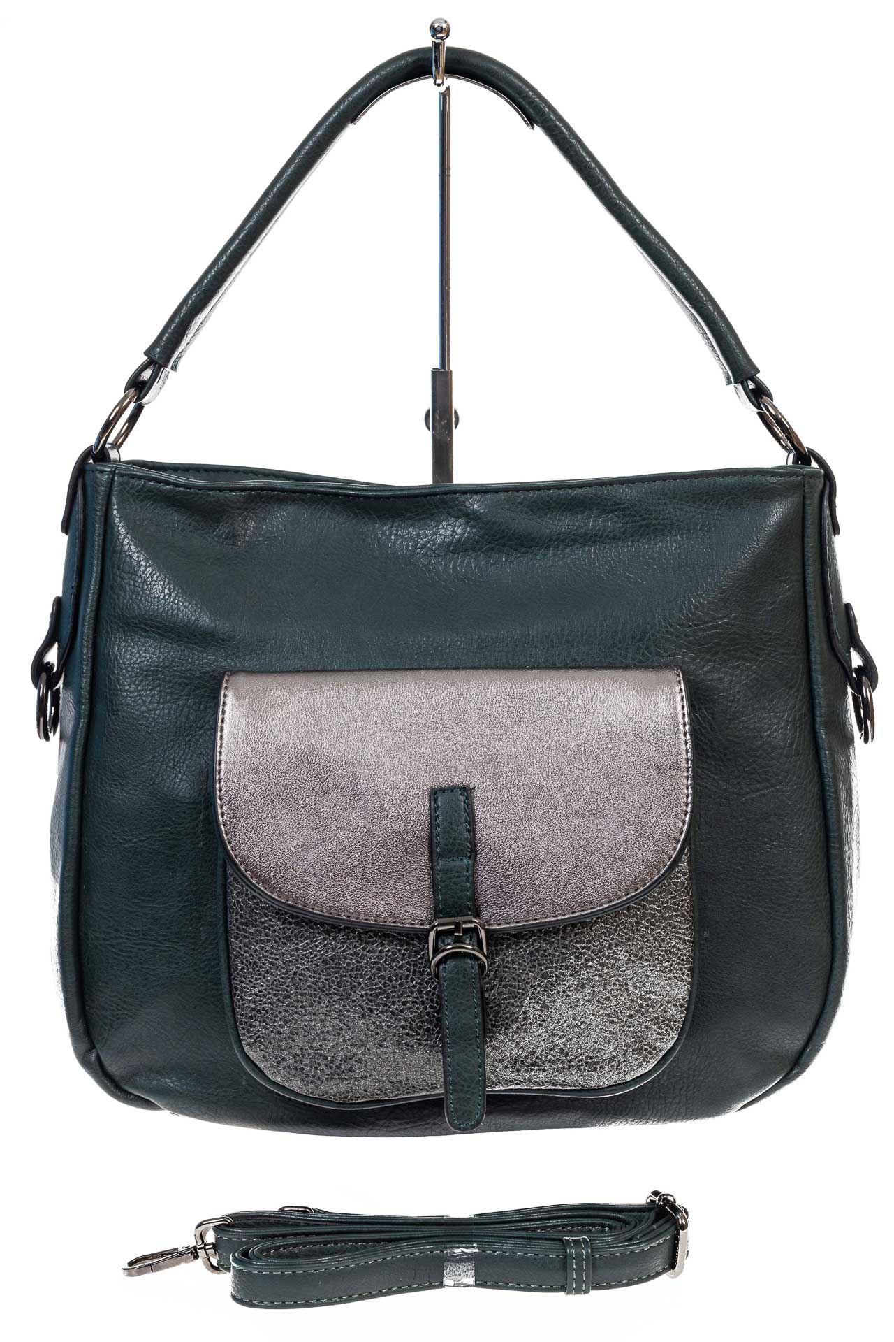 На фото 2 - Женская сумка хобо из гладкой экокожи, цвет зеленый