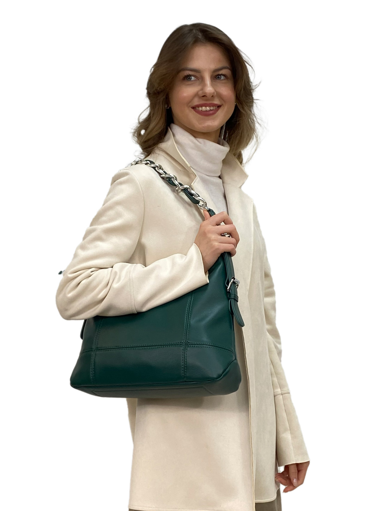 На фото 1 - Женская сумка  из искусственной кожи, цвет изумрудный