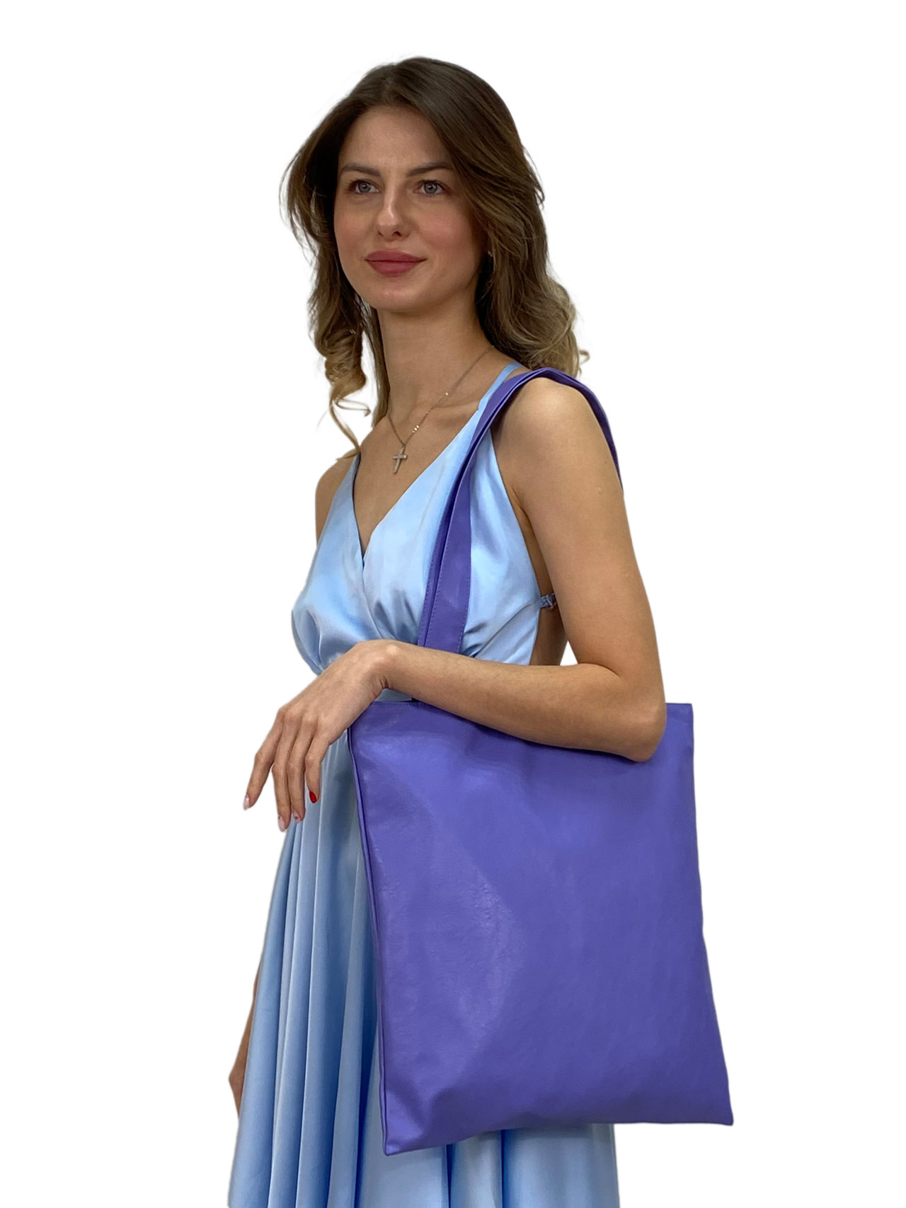 На фото 1 - Женская сумка шоппер из искусственной кожи, цвет  фиолетовый