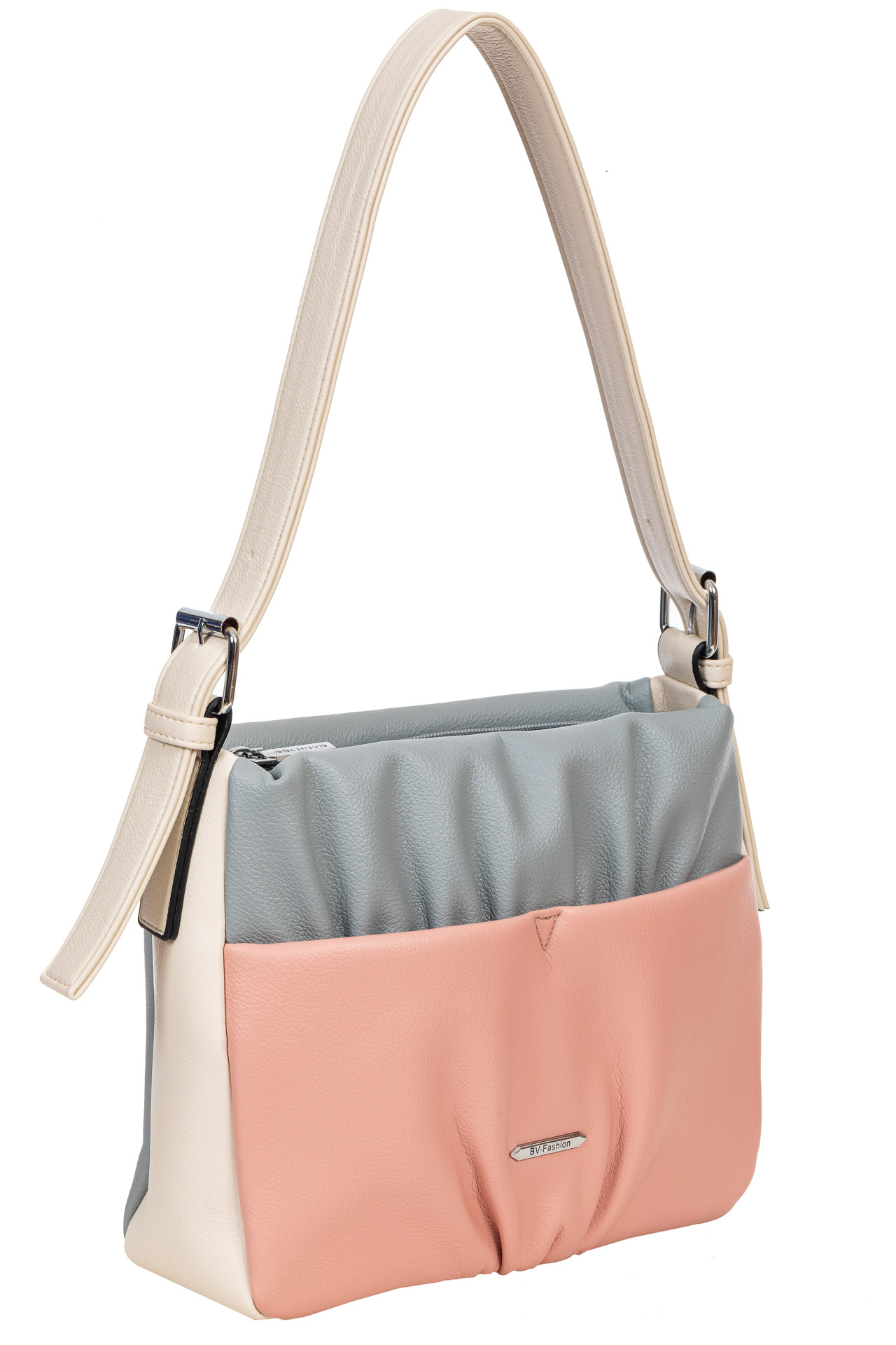На фото 1 - Женская сумка из мягкой искусственной кожи, цвет белый с розовым и голубым