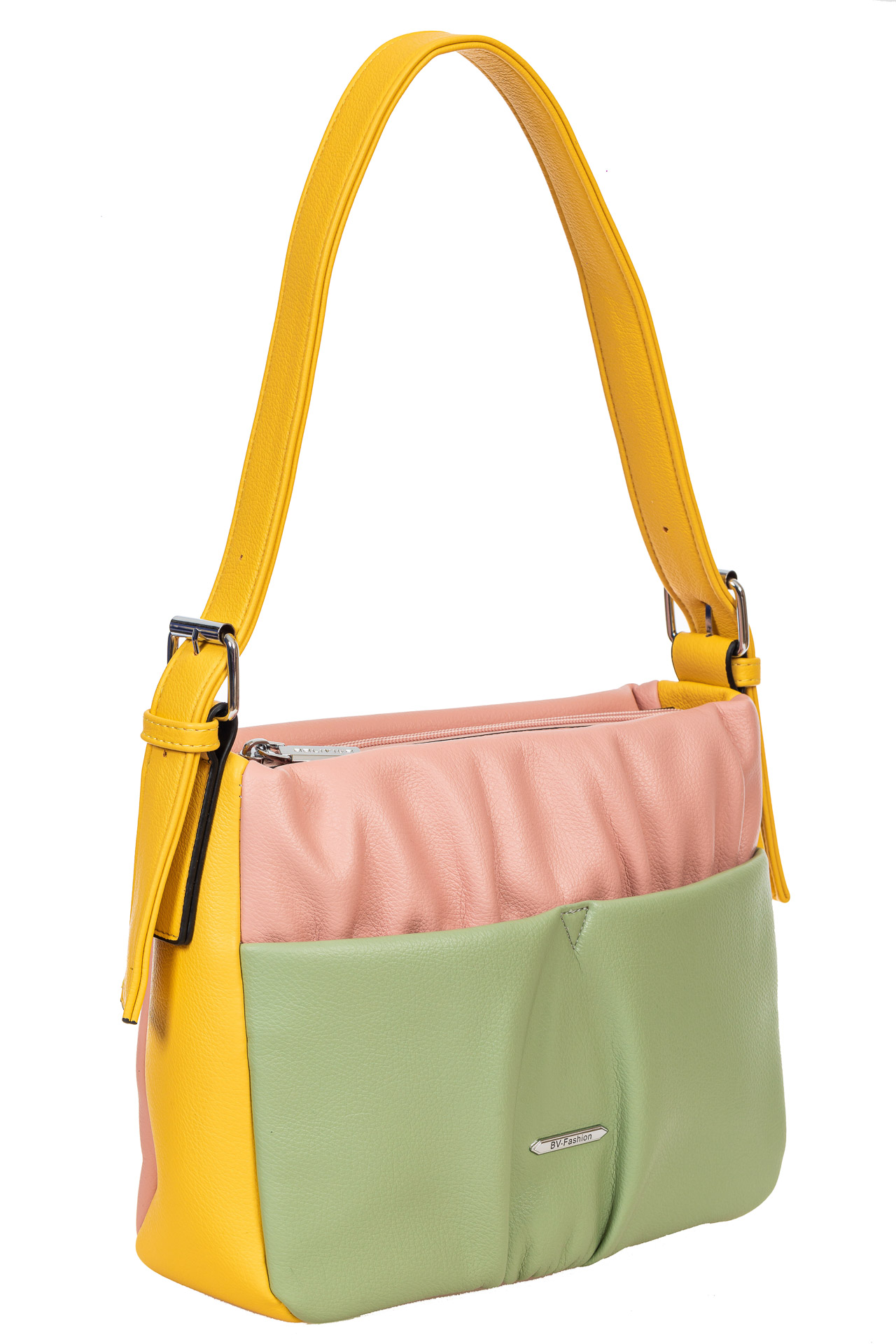 На фото 1 - Женская сумка из мягкой искусственной кожи, цвет розовый с зелёным и жёлтым