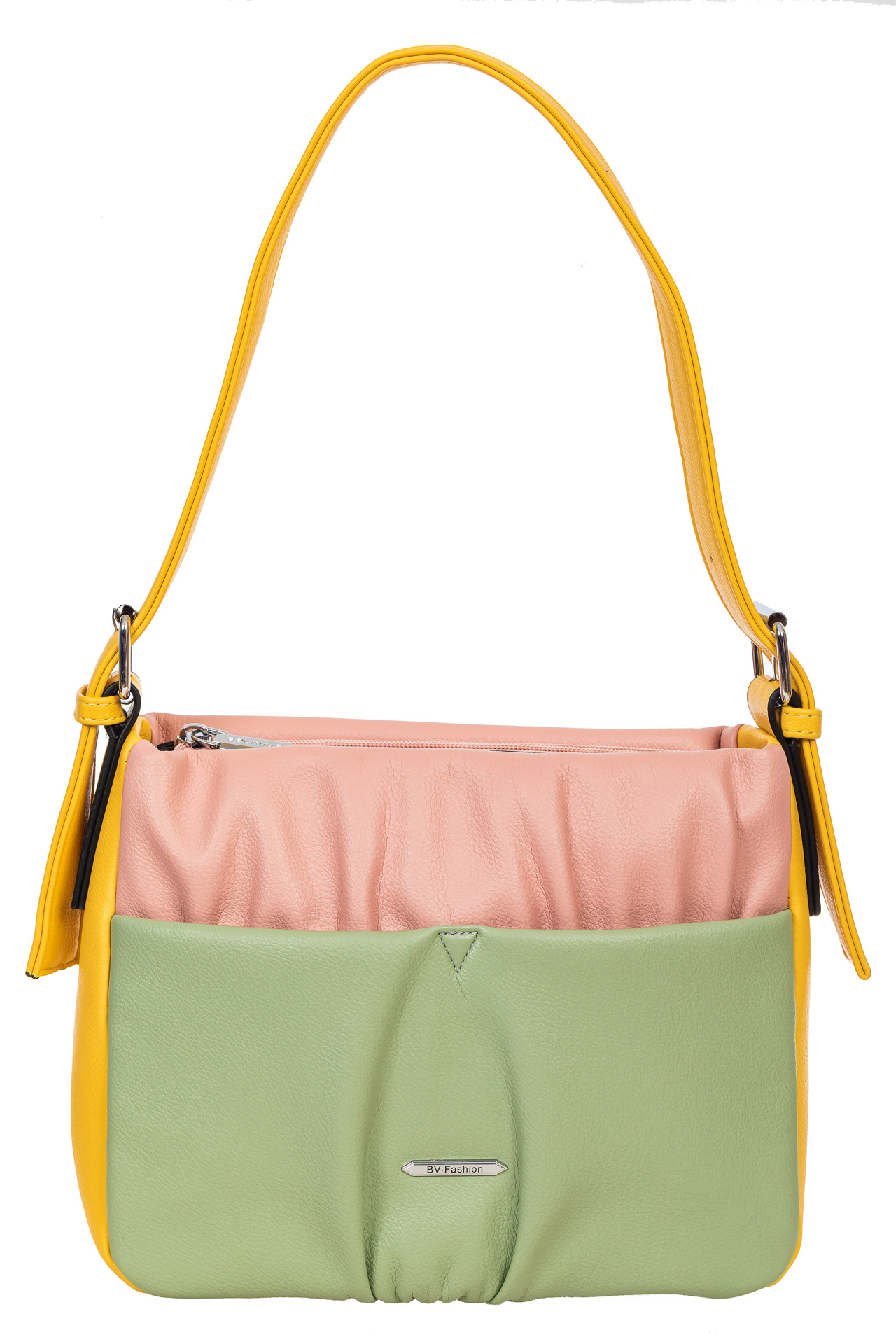 На фото 2 - Женская сумка из мягкой искусственной кожи, цвет розовый с зелёным и жёлтым