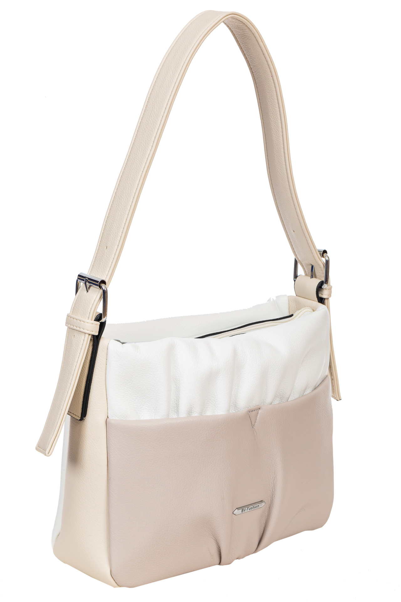 На фото 1 - Женская сумка из мягкой искусственной кожи, цвет белый с пудровым и молочным