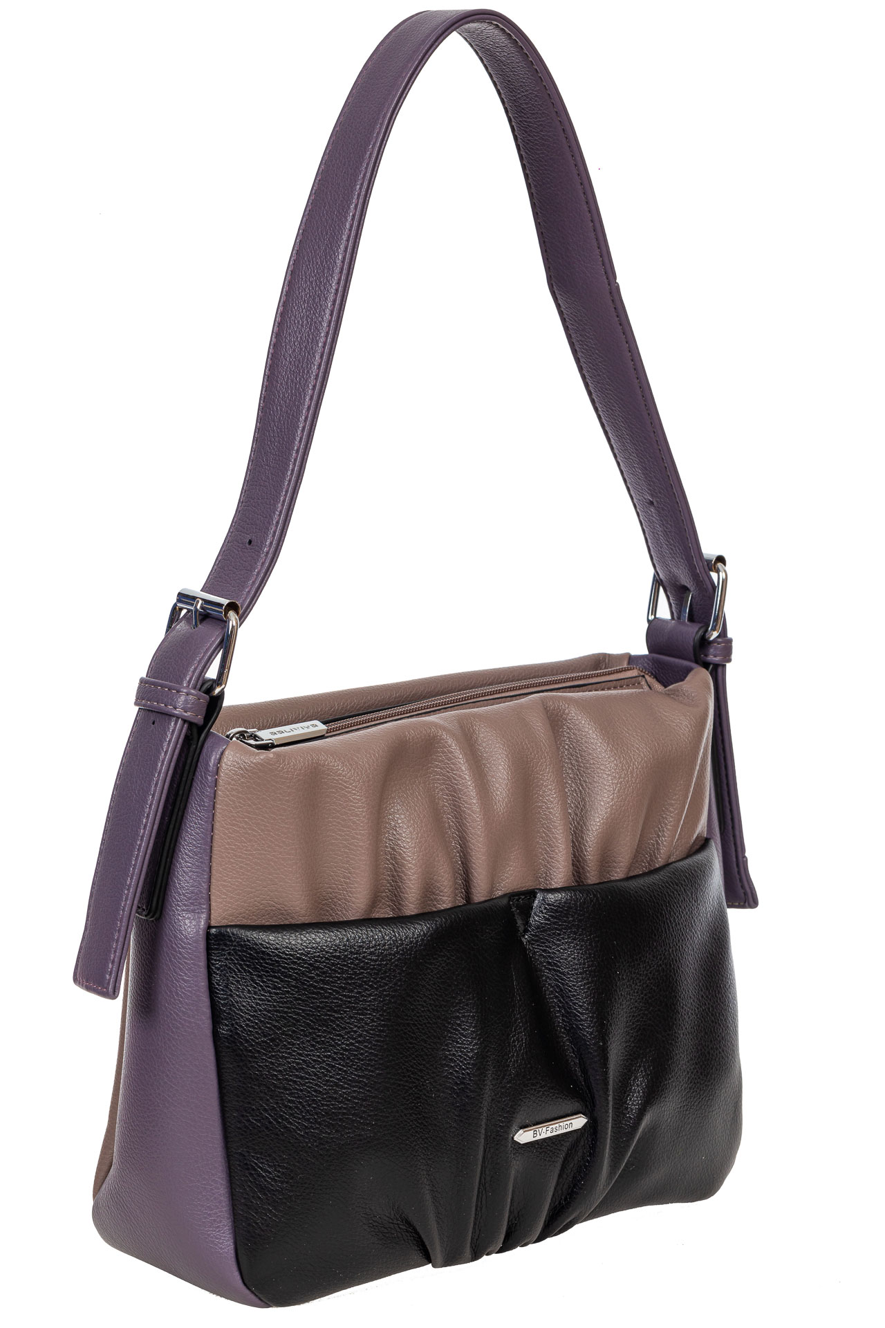 На фото 1 - Женская сумка из мягкой искусственной кожи, цвет серая пудра с чёрным и фиолетовым