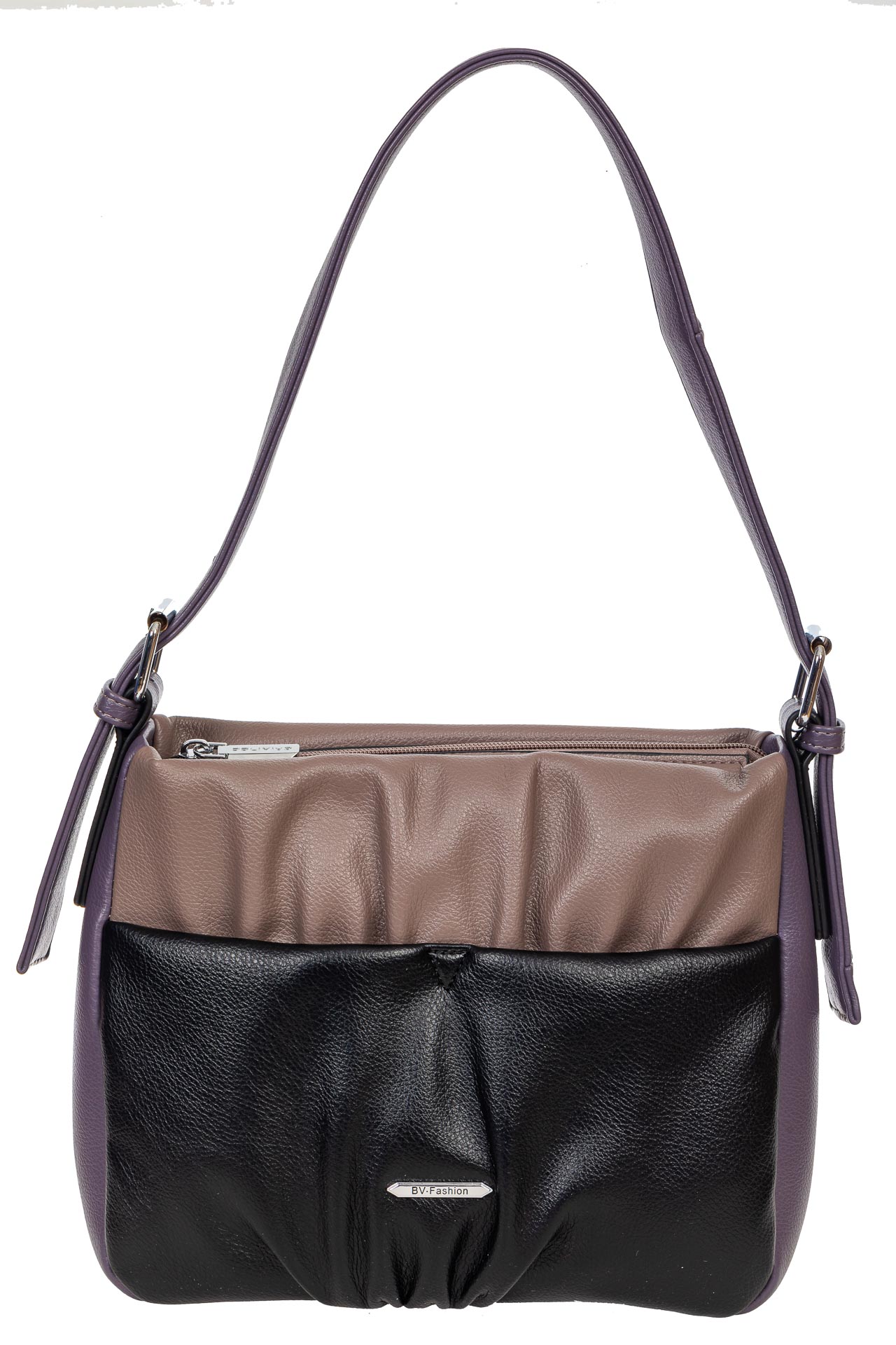 На фото 2 - Женская сумка из мягкой искусственной кожи, цвет серая пудра с чёрным и фиолетовым