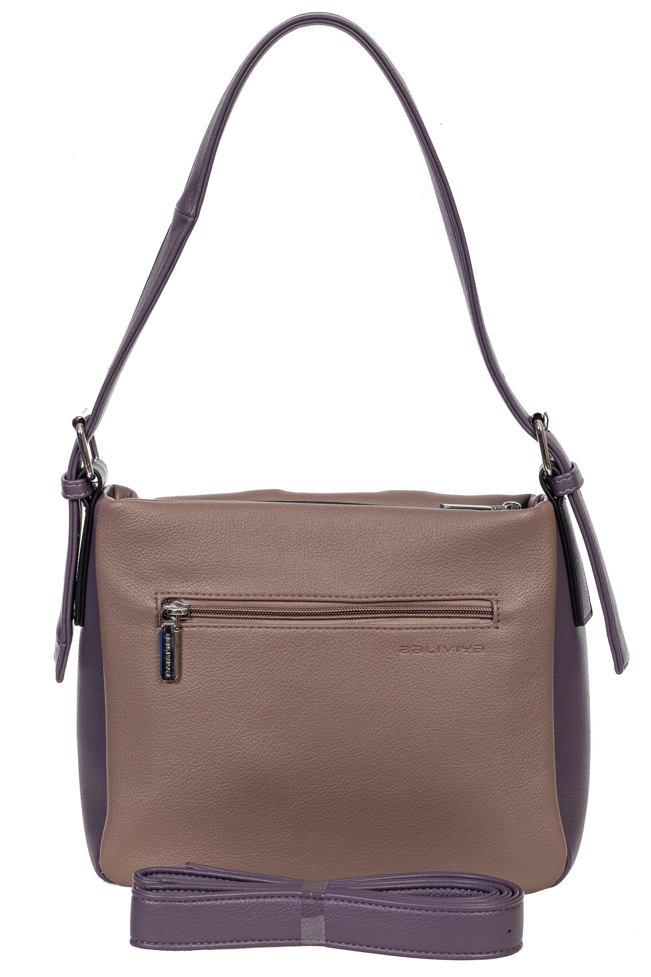 На фото 3 - Женская сумка из мягкой искусственной кожи, цвет серая пудра с чёрным и фиолетовым