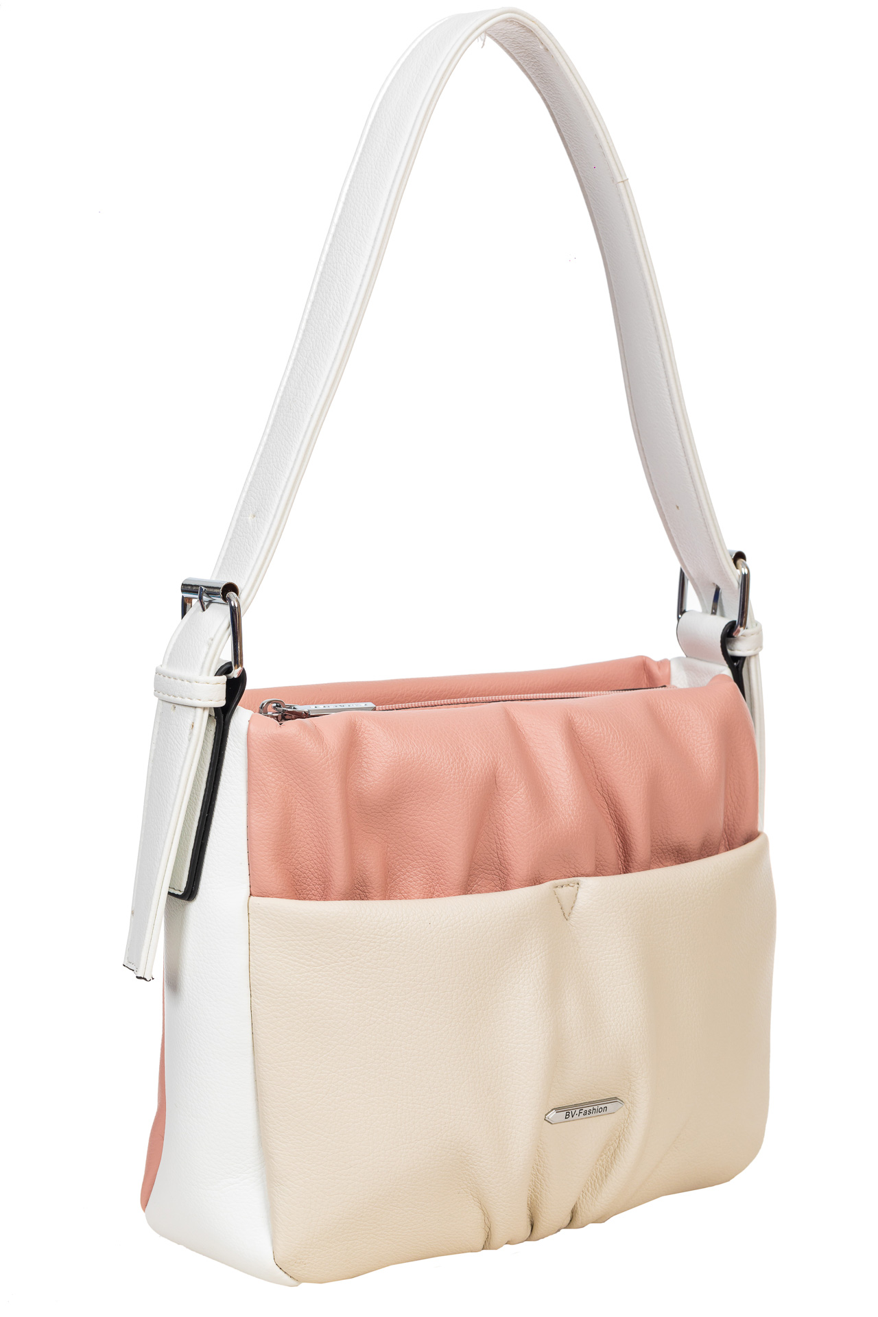 На фото 1 - Женская сумка из мягкой искусственной кожи, цвет розовый с белым и молочным