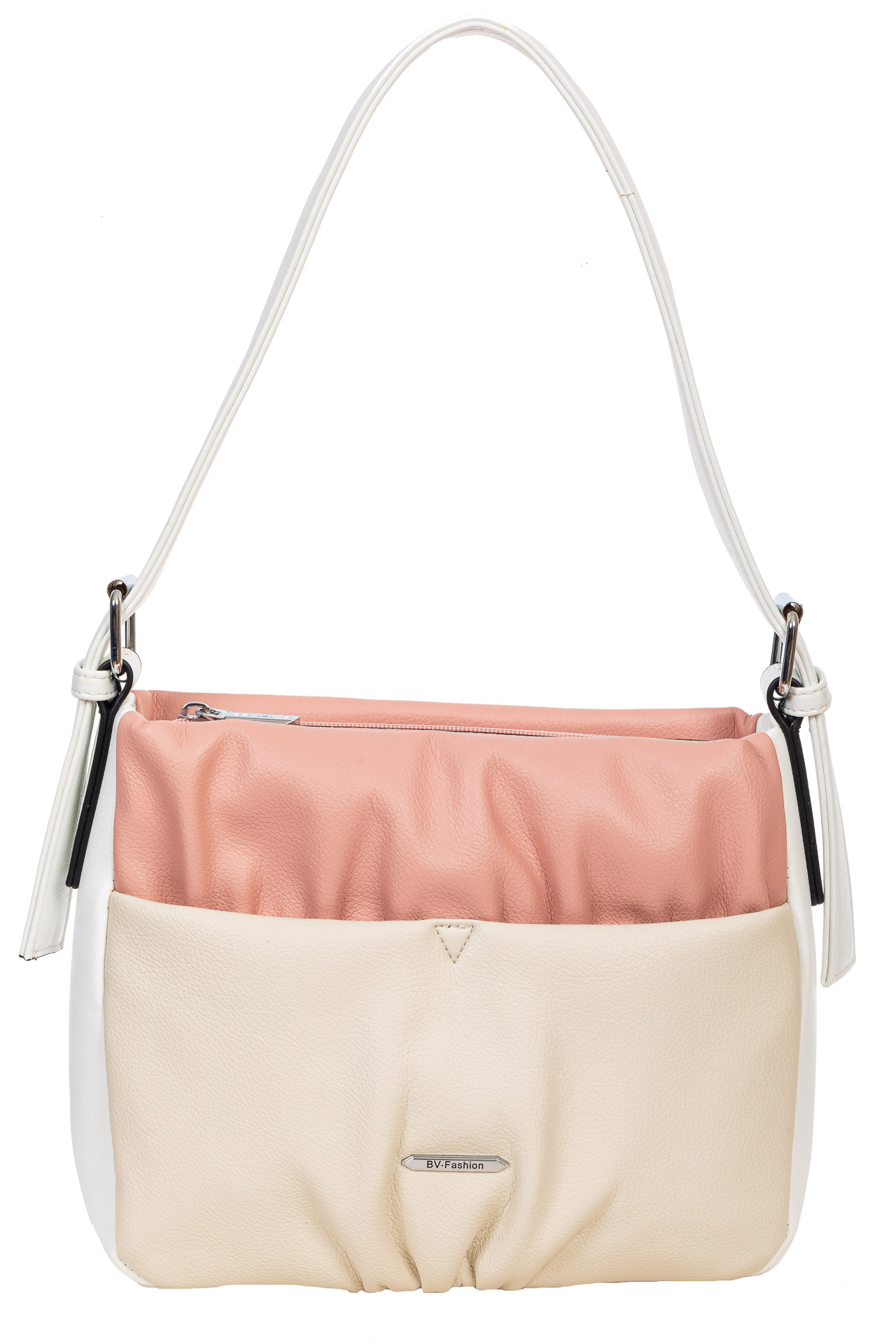 На фото 2 - Женская сумка из мягкой искусственной кожи, цвет розовый с белым и молочным