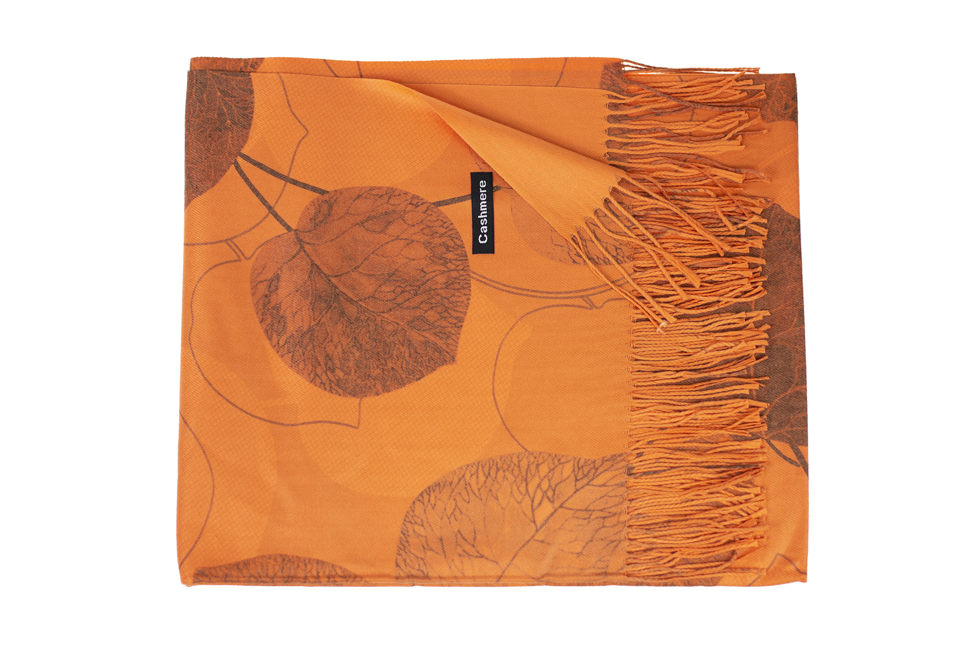 На фото 2 - Шарф-палантин из кашемира в листочках, цвет оранжевый