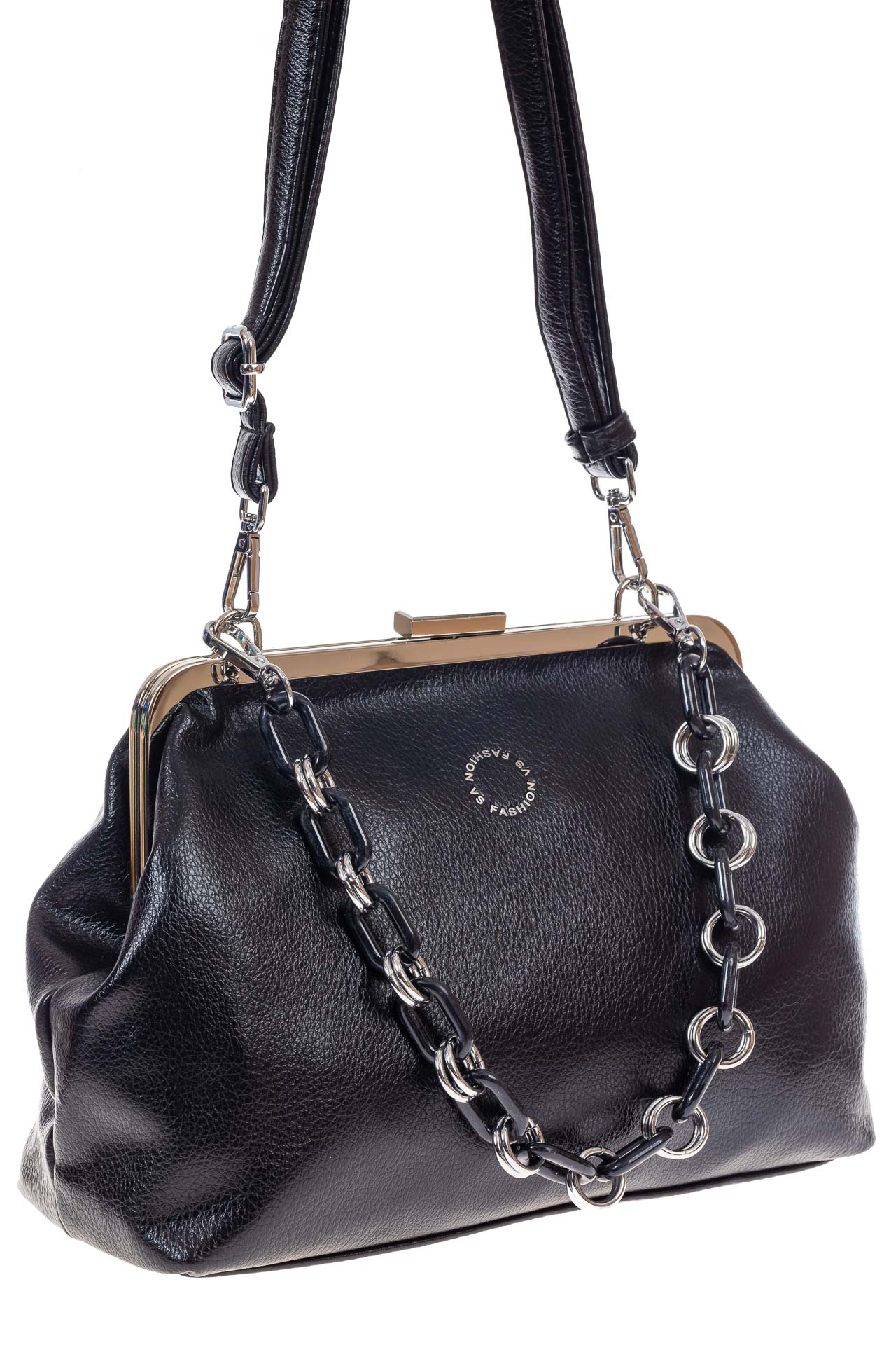 На фото 2 - Вечерняя женская сумка с фермуаром из мягкой экокожи, цвет черный